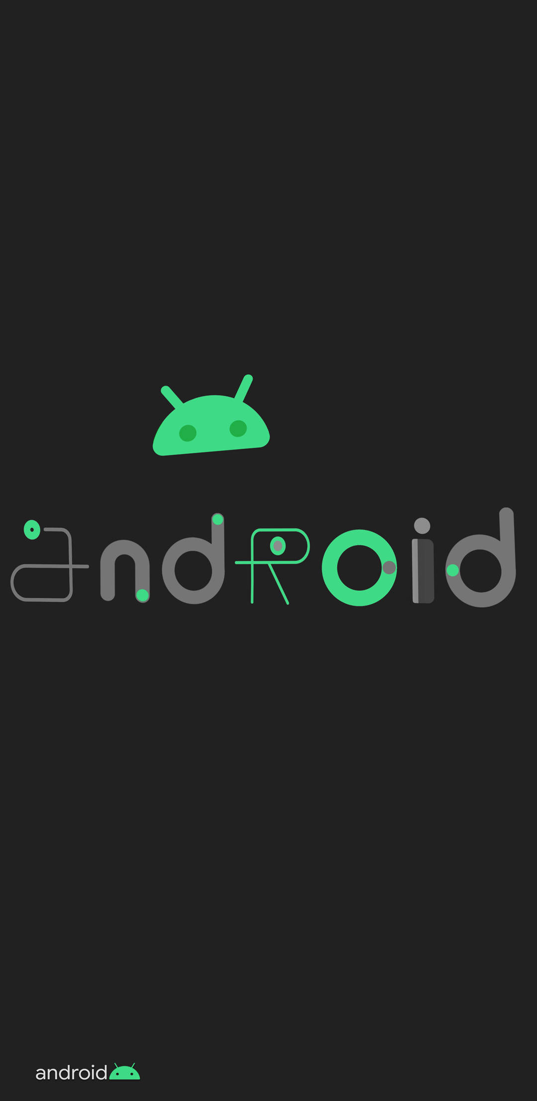Pixel 4 桌布 壁紙 — 簡約深色桌布，綠色Android機器人標誌位於灰色和綠色字母的「Android」字樣上方。