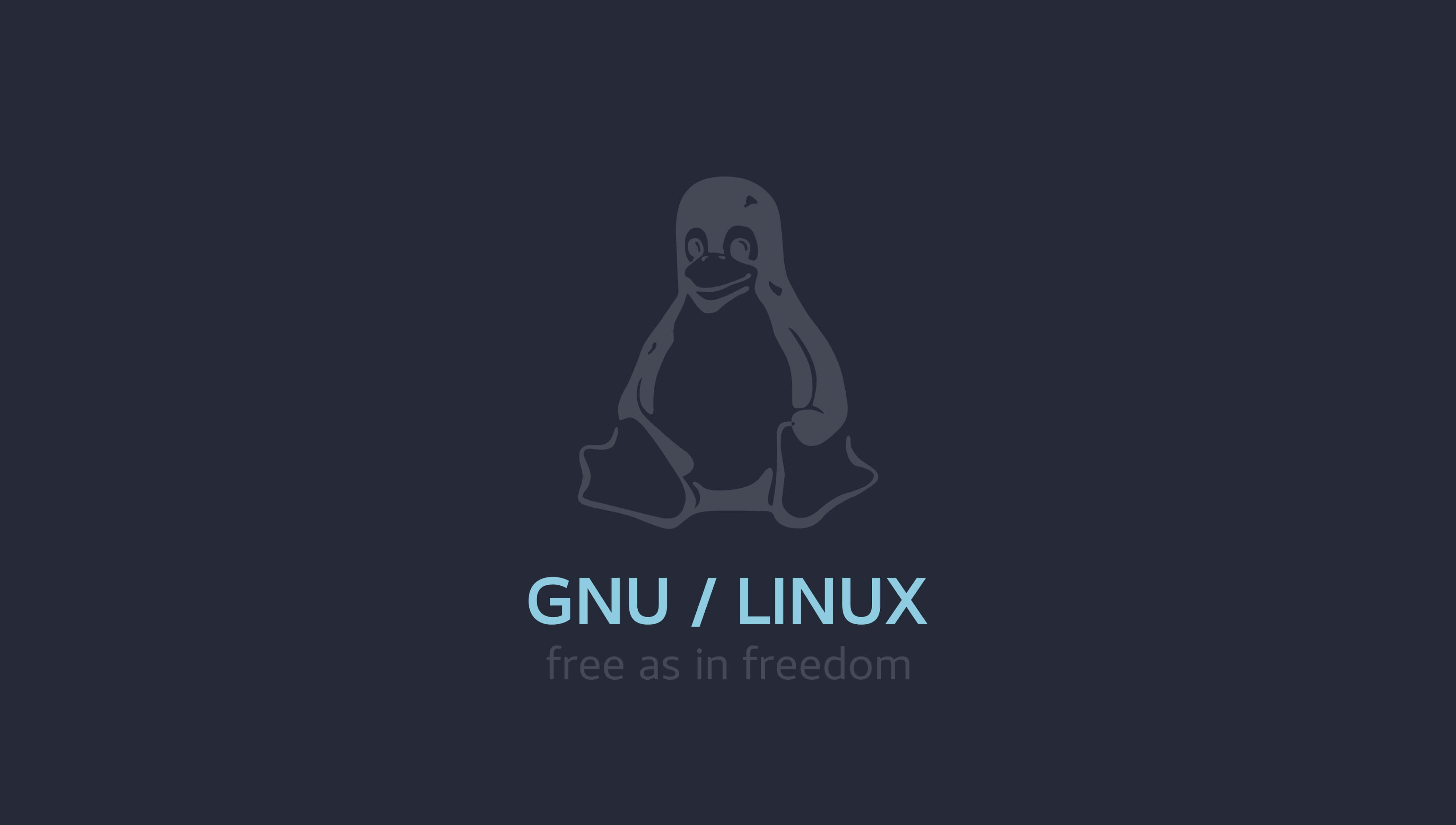 Linux 桌布 壁紙 — 簡約深藍色桌布，帶有灰色Tux企鵝標誌，以及「GNU / LINUX」和「free as in freedom」文字。