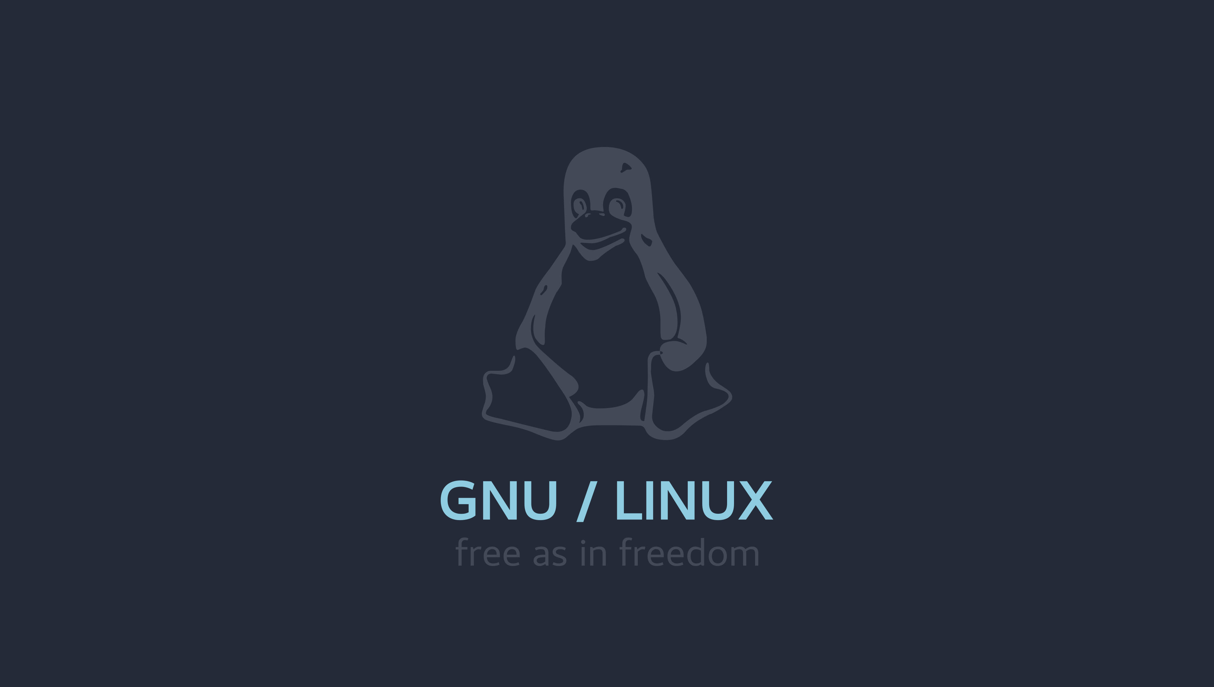 Linux 桌布 壁紙 — 簡約深藍色桌布，帶有灰色Tux企鵝標誌及「GNU / LINUX」和「free as in freedom」文字。