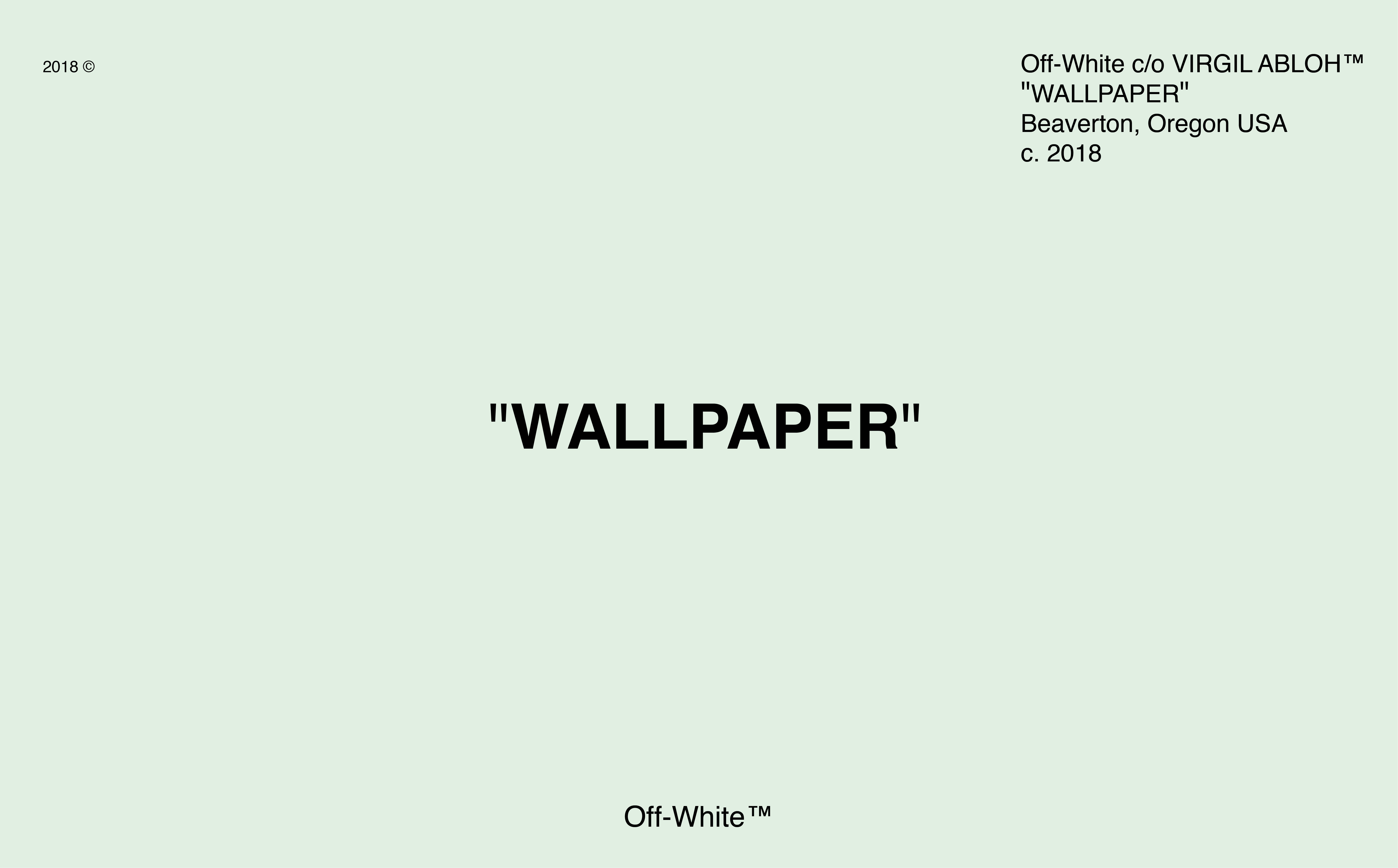 Off White Logo 桌布 壁紙 — 簡約淺綠色背景，粗體黑色文字顯示 WALLPAPER 和 Off-White 品牌。