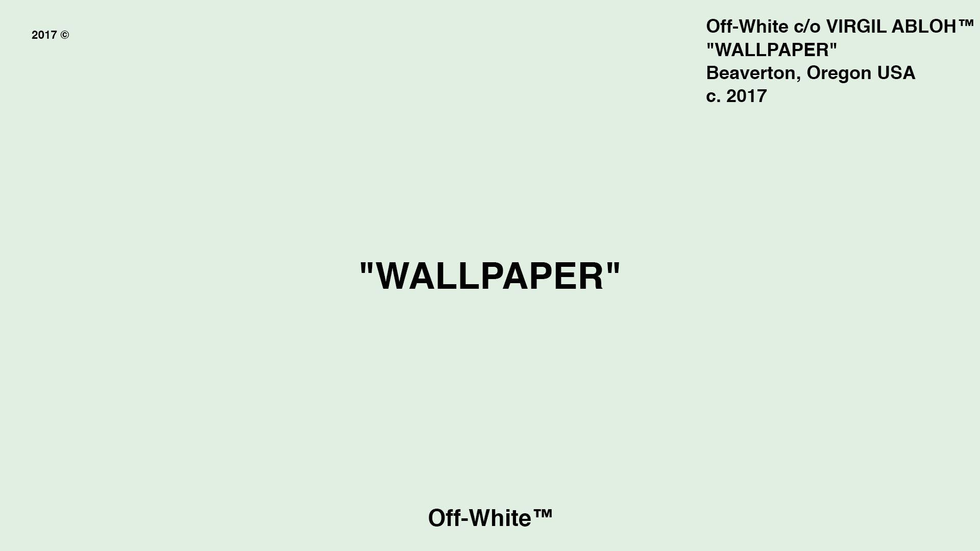 Off White 桌布 壁紙 — 簡約淺綠色背景，粗體黑色文字顯示 WALLPAPER 和 Off-White 品牌。