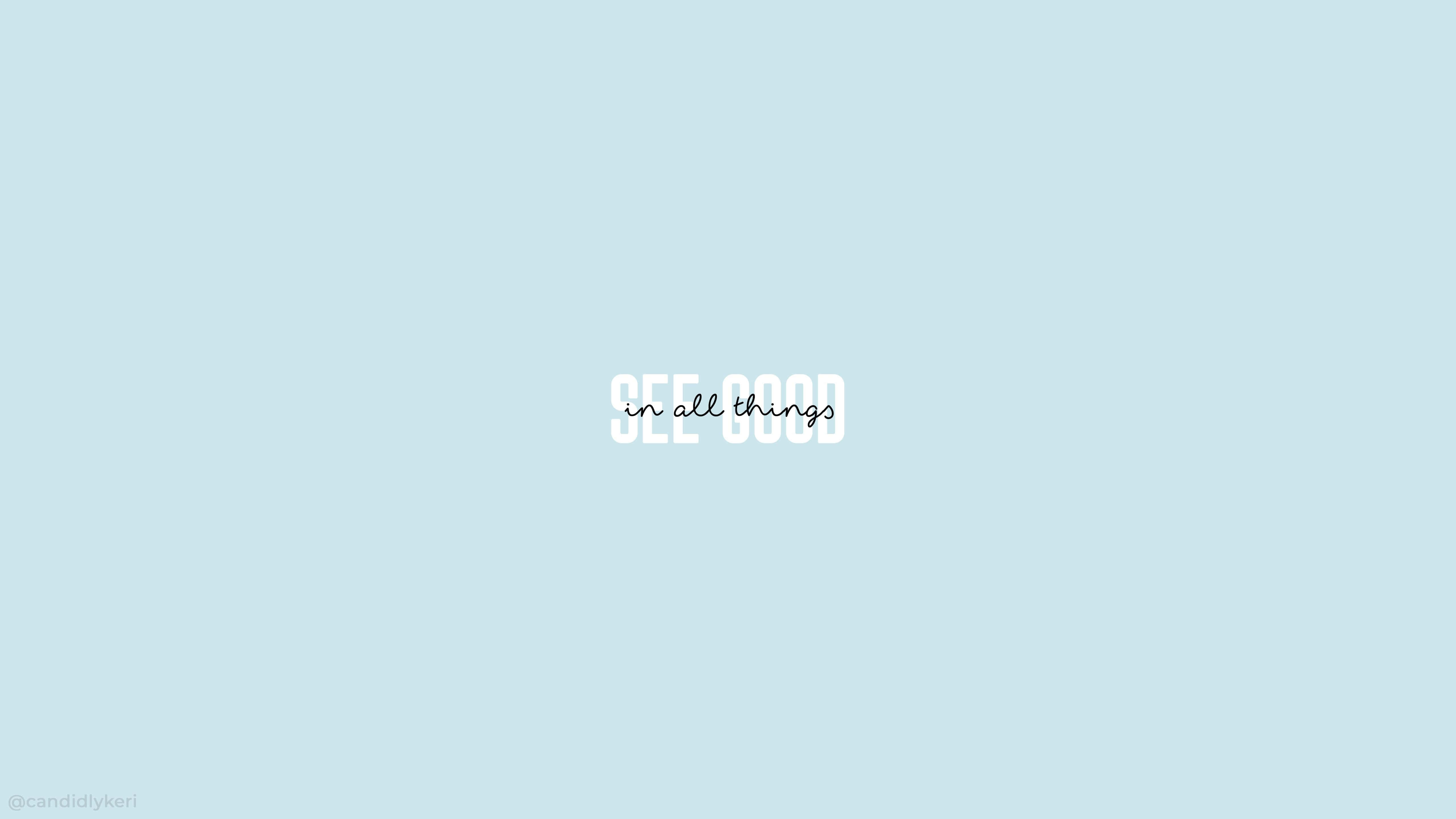 Pretty Aesthetic Computer 桌布 壁紙 — 簡約淺藍色背景，中央白色文字寫著「在一切事物中看到美好」。