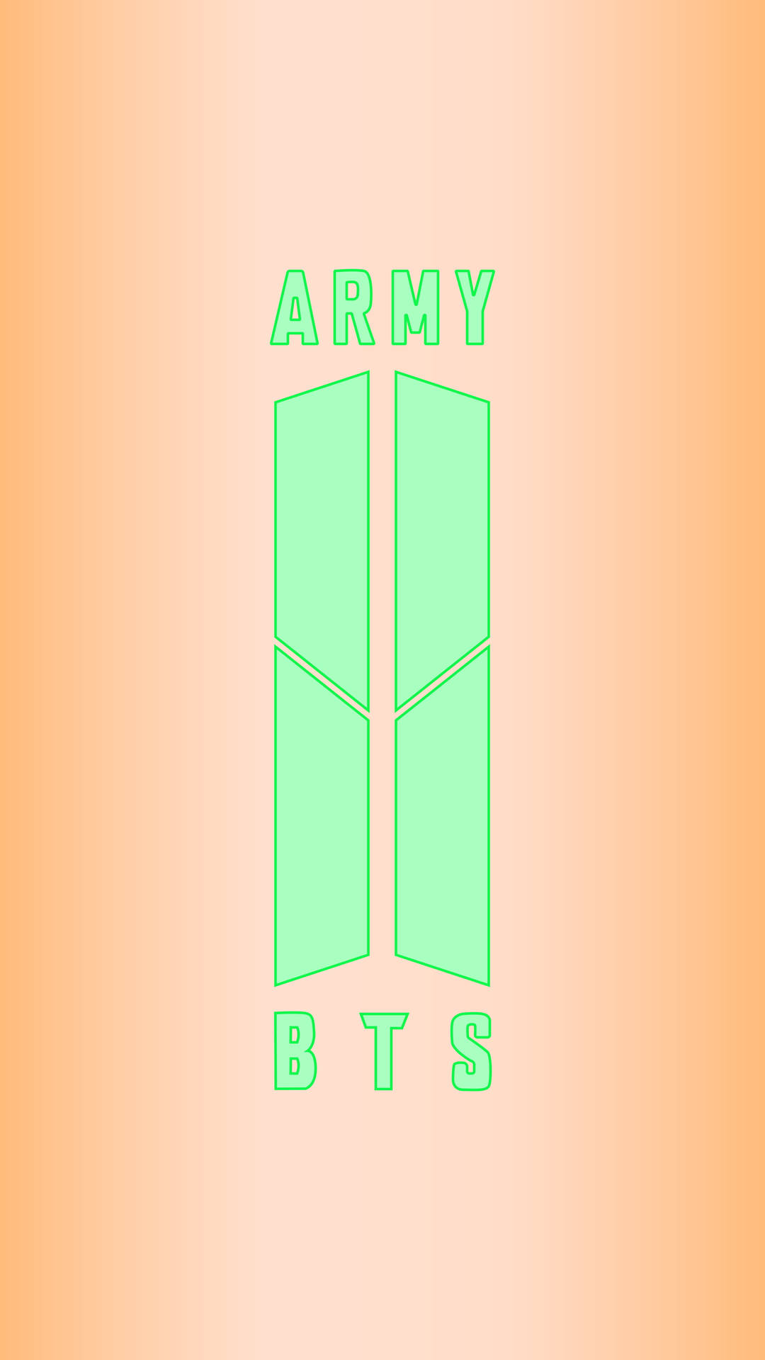 BTS標誌搭配綠色「ARMY」文字，置於柔和橙色漸層背景上。 — BTS ARMY GIF 壁紙