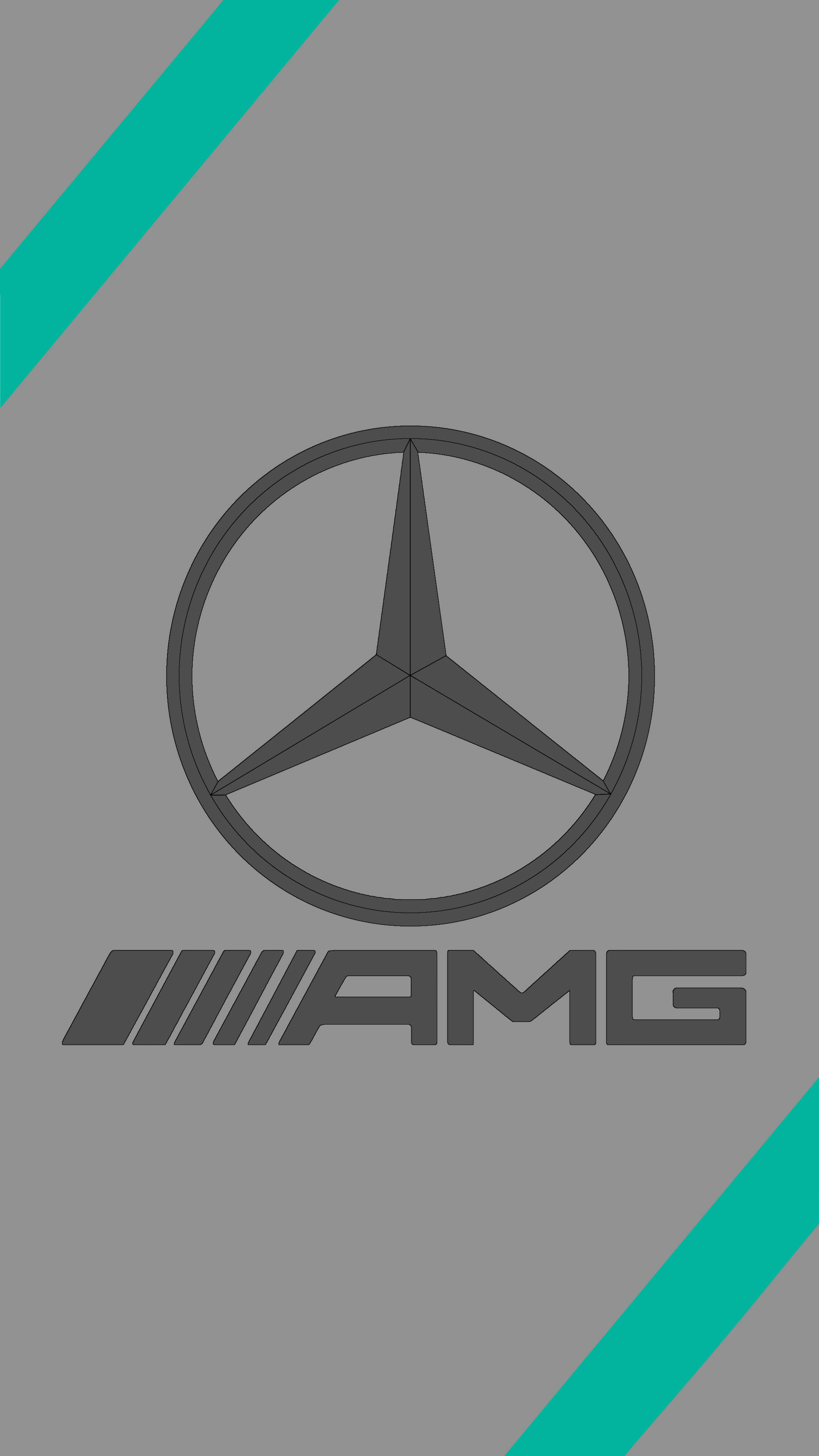 amg iPhone 桌布 壁紙 — 簡約灰色桌布，帶有 Mercedes AMG 標誌和青綠色斜紋。