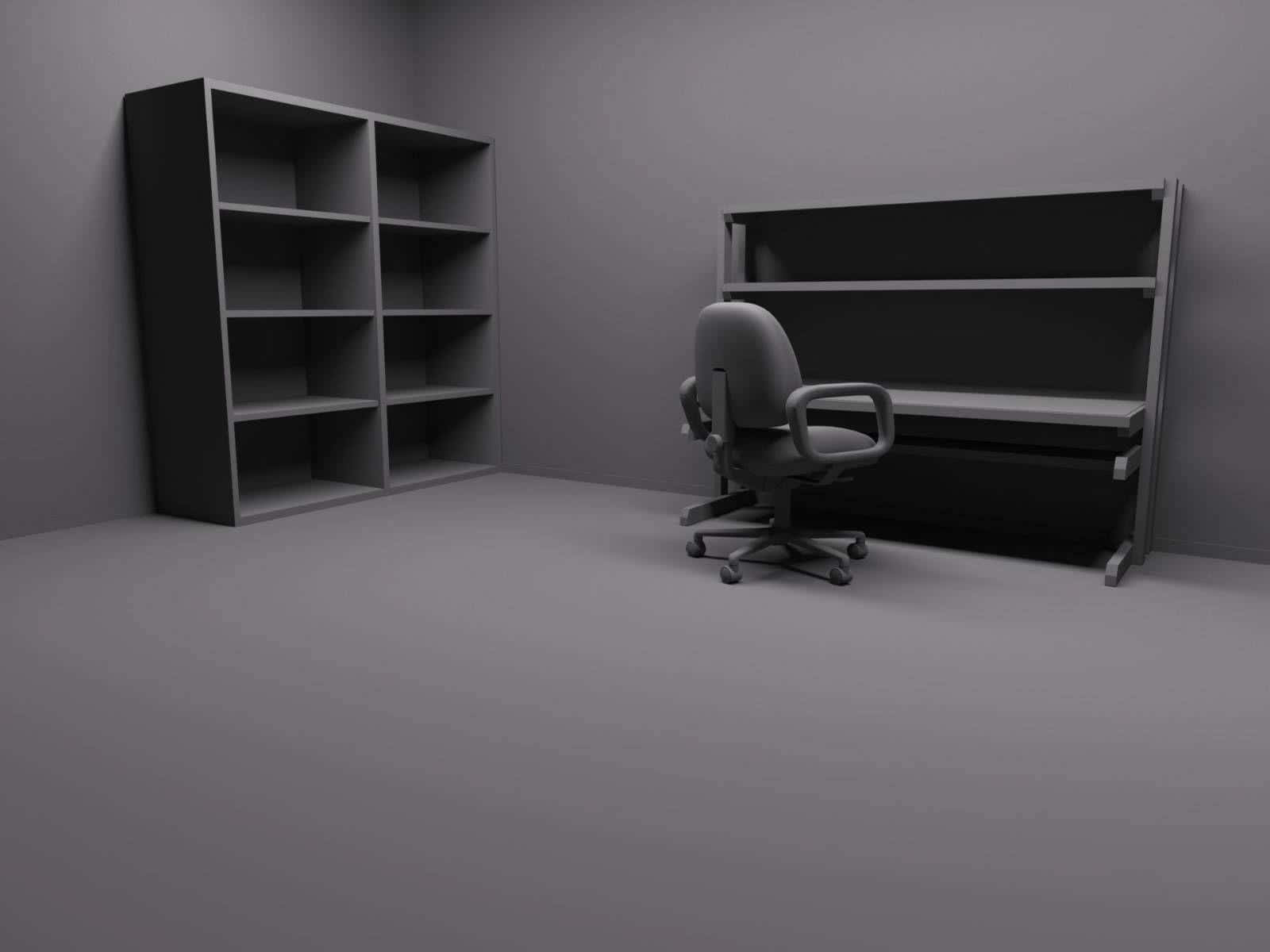 Best Desktop 桌布 壁紙 — 簡約灰色辦公空間，配有空的書架桌和旋轉椅，在柔和環境光下。