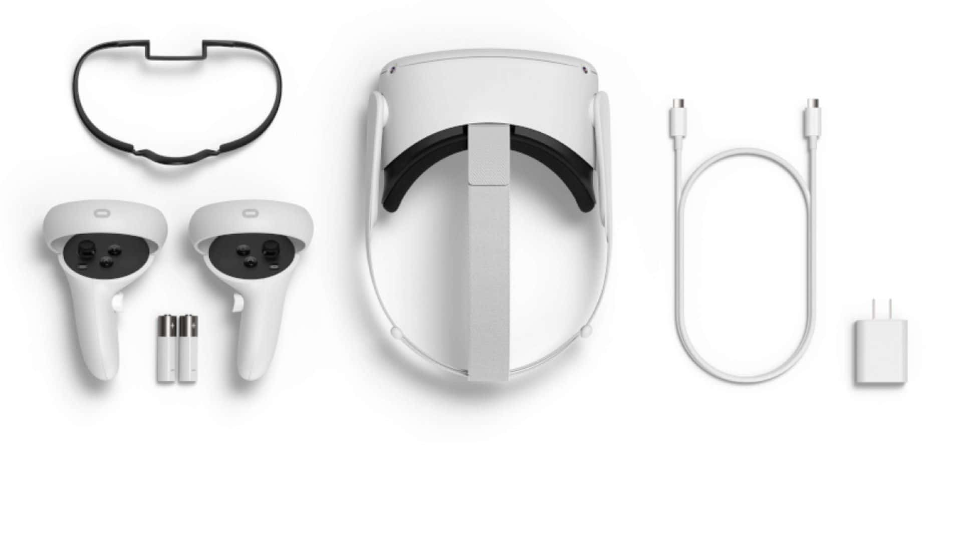 Oculus Quest 2 桌布 壁紙 — 簡約白色VR頭戴式裝置和控制器整齊地擺放在乾淨的白色背景上，附有配件。
