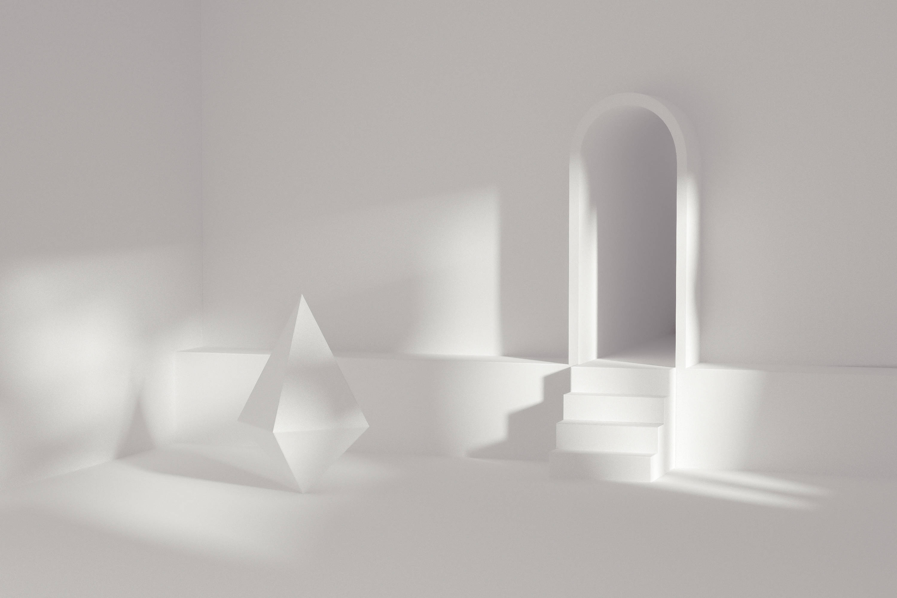 3D 4K 桌布 壁紙 — 簡約白色房間，帶有幾何形狀和自然光投射的柔和陰影。
