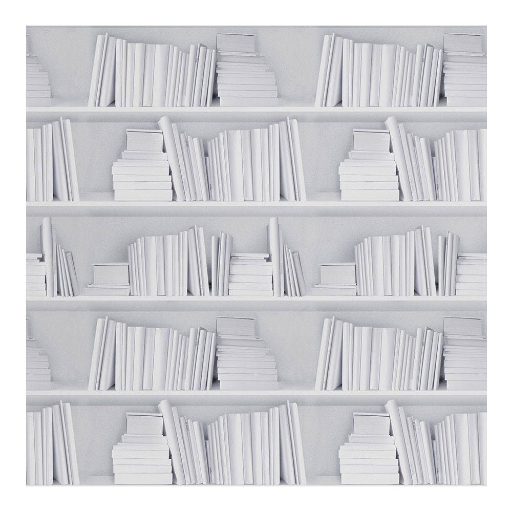 白色 桌布 壁紙 — 簡約白色書架上放滿統一白色的書籍，營造出寧靜的單色圖書館牆壁。