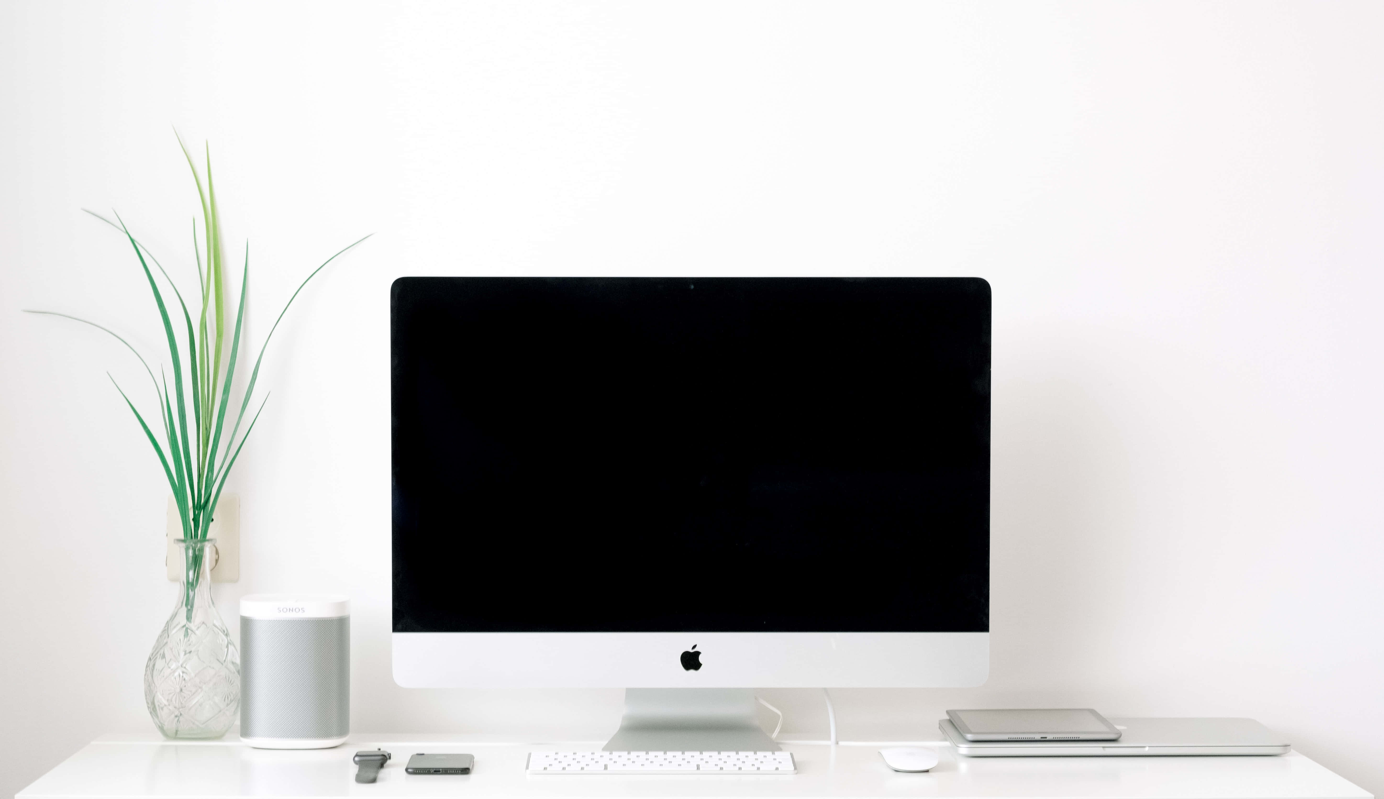 Computer Monitor 桌布 壁紙 — 簡約白色桌面設置，配備 Apple iMac、高大的綠色植物和銀色配件，背景為素色牆壁。