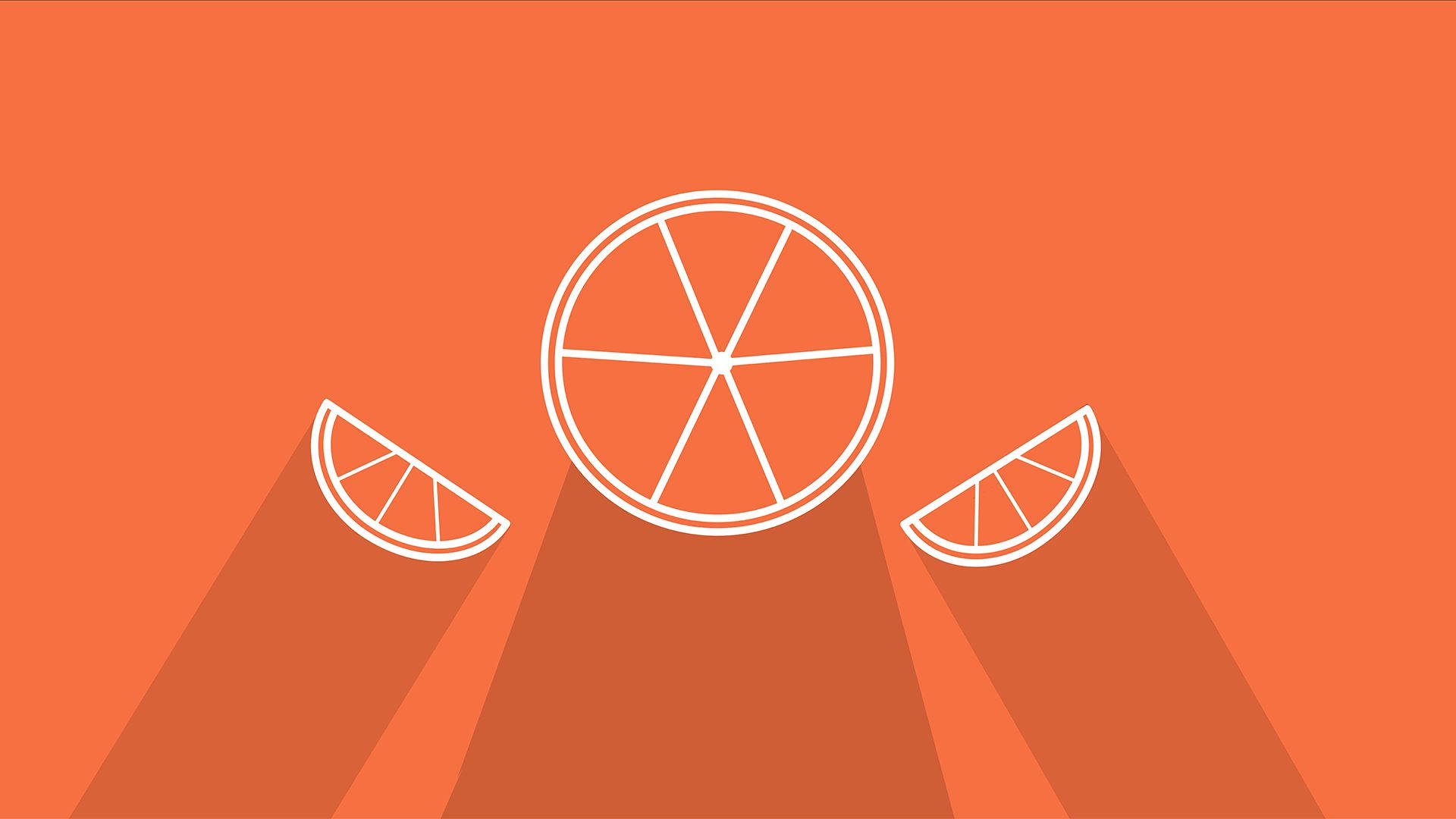 Orange Fruit 桌布 壁紙 — 簡約白色線條畫，描繪一片柳橙和兩瓣柳橙在純橙色背景上投下長長的陰影。