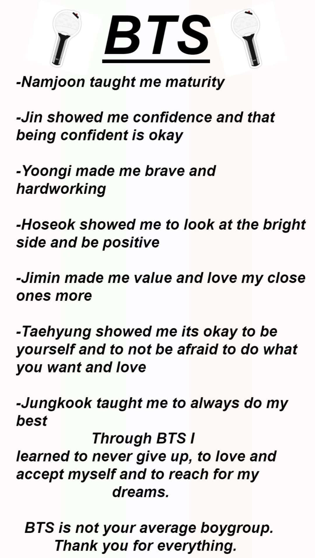 Bts Inspirational 桌布 壁紙 — 簡約白色背景，黑色文字列出從每位BTS成員學到的個人教訓，頂部有兩個麥克風圖示。