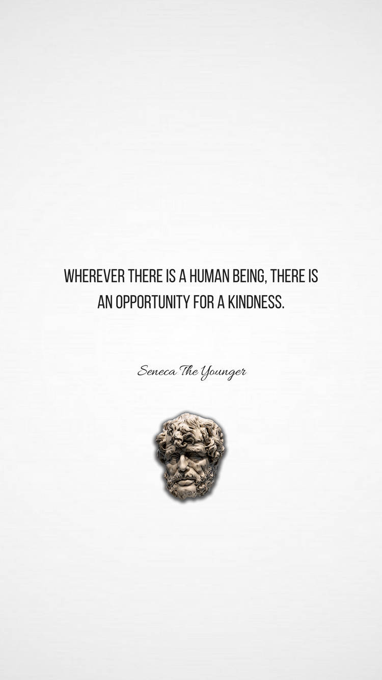 Stoicism 桌布 壁紙 — 簡約白色背景上，在小塞內卡（Seneca the Younger）的古典石像半身像上方，有一句關於善良的名言。