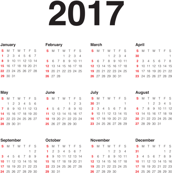 剪貼畫 桌布 壁紙 — 簡約的2017年日曆，黑色背景上帶有粗體灰色年份標題和紅色週末日期。