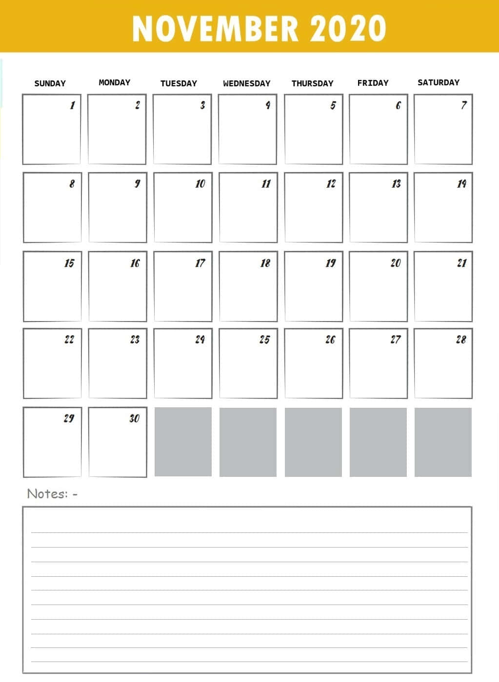 Calendar 桌布 壁紙 — 簡約的2020年11月日曆，帶有空白日期框和黃色標題下方的橫線備註部分。