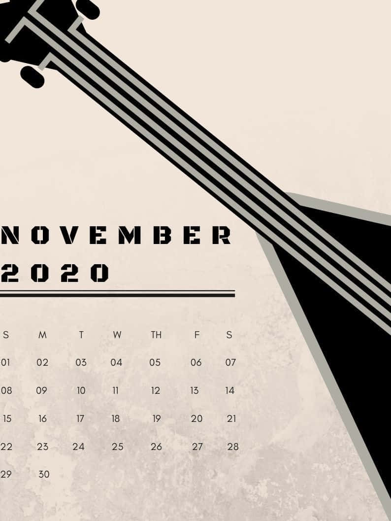 Calendar 桌布 壁紙 — 簡約的2020年11月日曆，粗黑吉他琴頸斜向切割紋理米色背景。