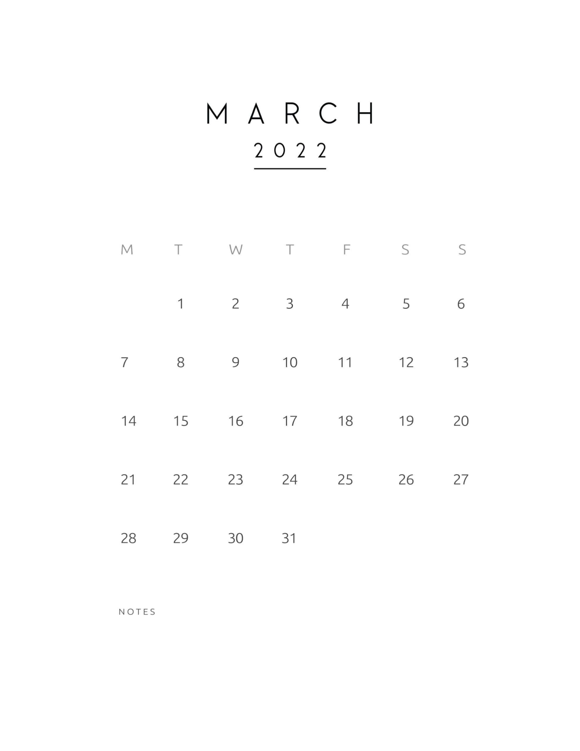 March 桌布 壁紙 — 簡約的2022年3月日曆，採用清晰字體，並留有充足空白空間供筆記使用。