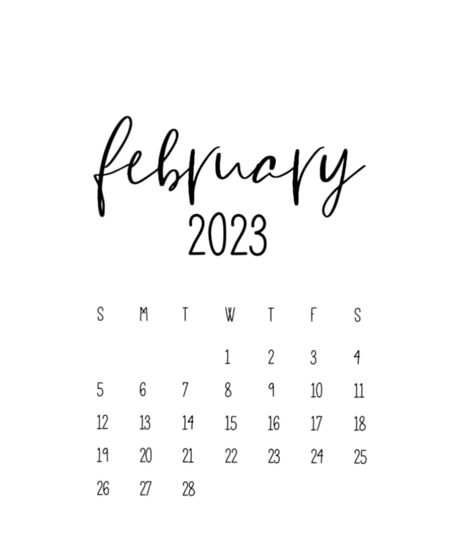 桌布 壁紙 — 簡約的2023年2月月曆，帶有優雅的手寫草書和乾淨的網格佈局，白色背景。