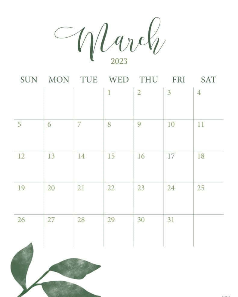 March 桌布 壁紙 — 簡約的2023年3月月曆，帶有優雅的手寫字體和綠色葉子點綴，背景為潔淨的白色。