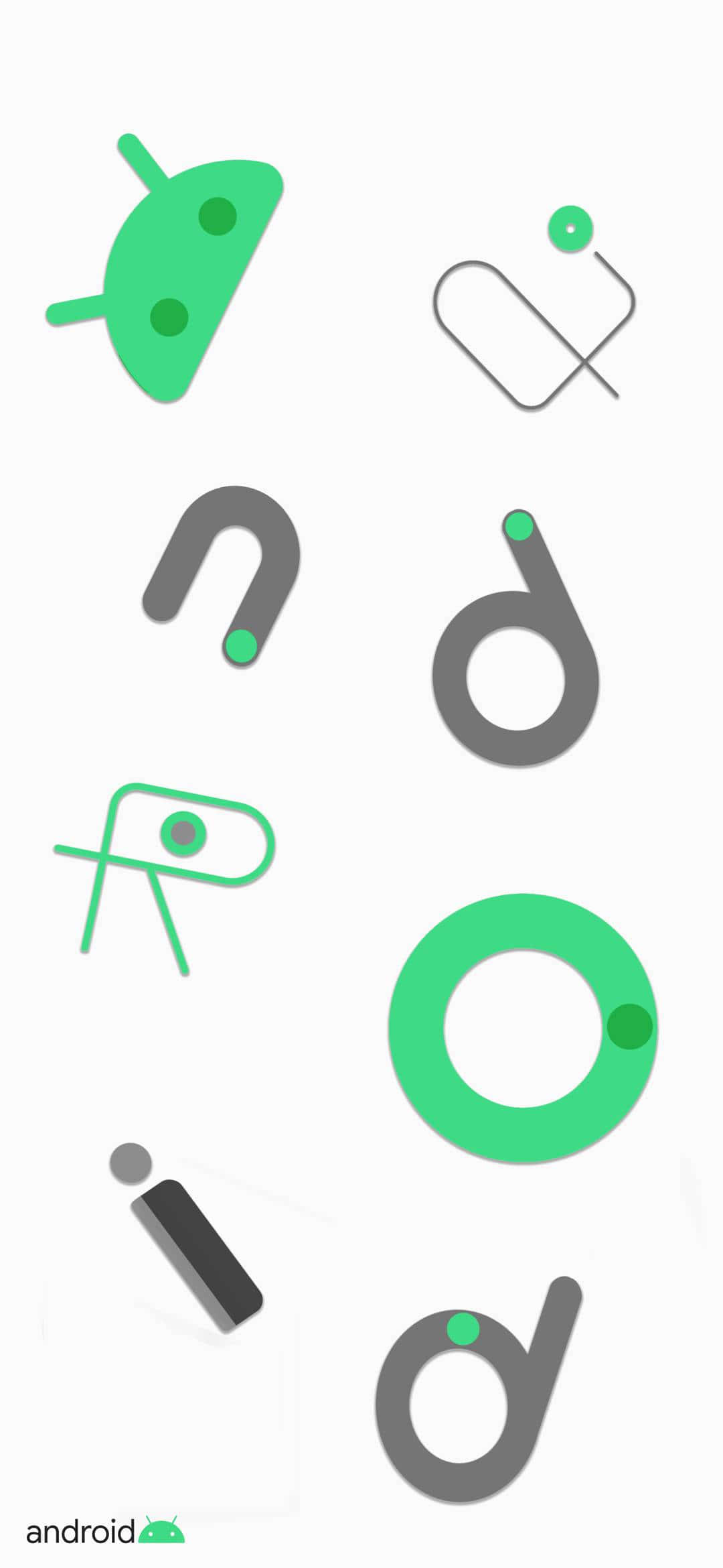 桌布 壁紙 — 簡約的綠色和灰色Android標誌字母漂浮在乾淨的白色背景上。