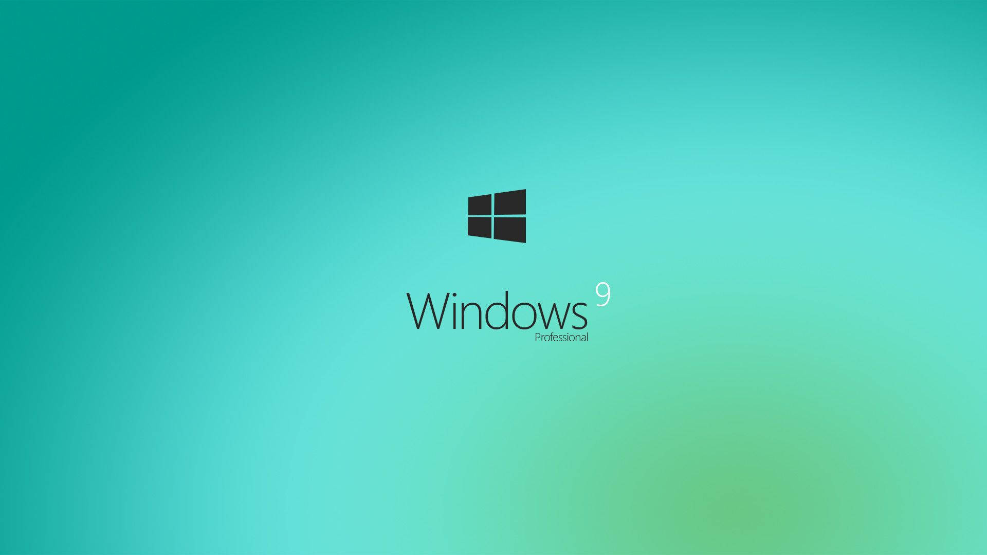 Windows 10 桌布 壁紙 — 簡約的青色漸變桌布，Windows 9 標誌和文字居中在平滑的色彩過渡上。