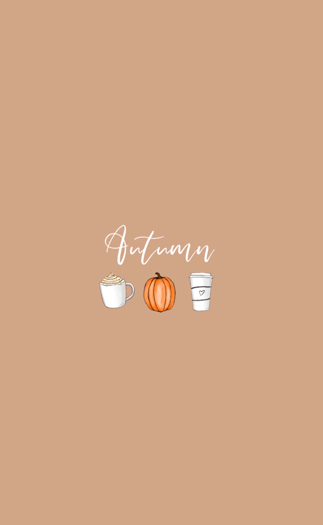 October Aesthetic 桌布 壁紙 — 簡約秋季主題桌布，中央有一個南瓜和兩杯咖啡，背景為溫暖的米色。