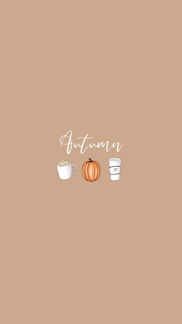 Cute Autumn 桌布 壁紙 — 簡約秋季主題桌布，以溫暖米色背景為襯，中央放置一個南瓜和兩杯咖啡。