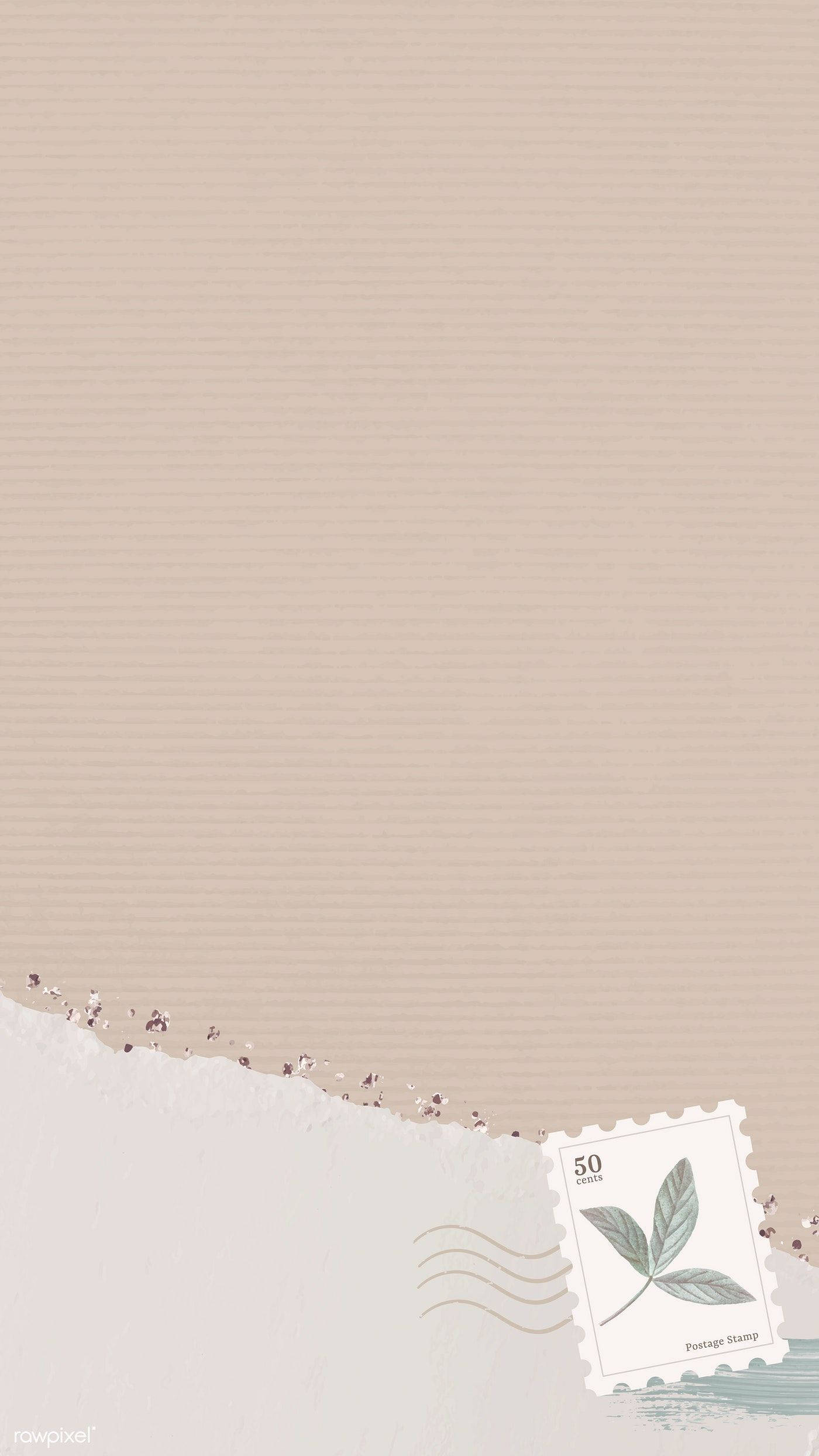 Aesthetic Beige 桌布 壁紙 — 簡約米色壁紙，撕破的紙邊露出帶有綠色葉子和「50 cents」文字的郵票。