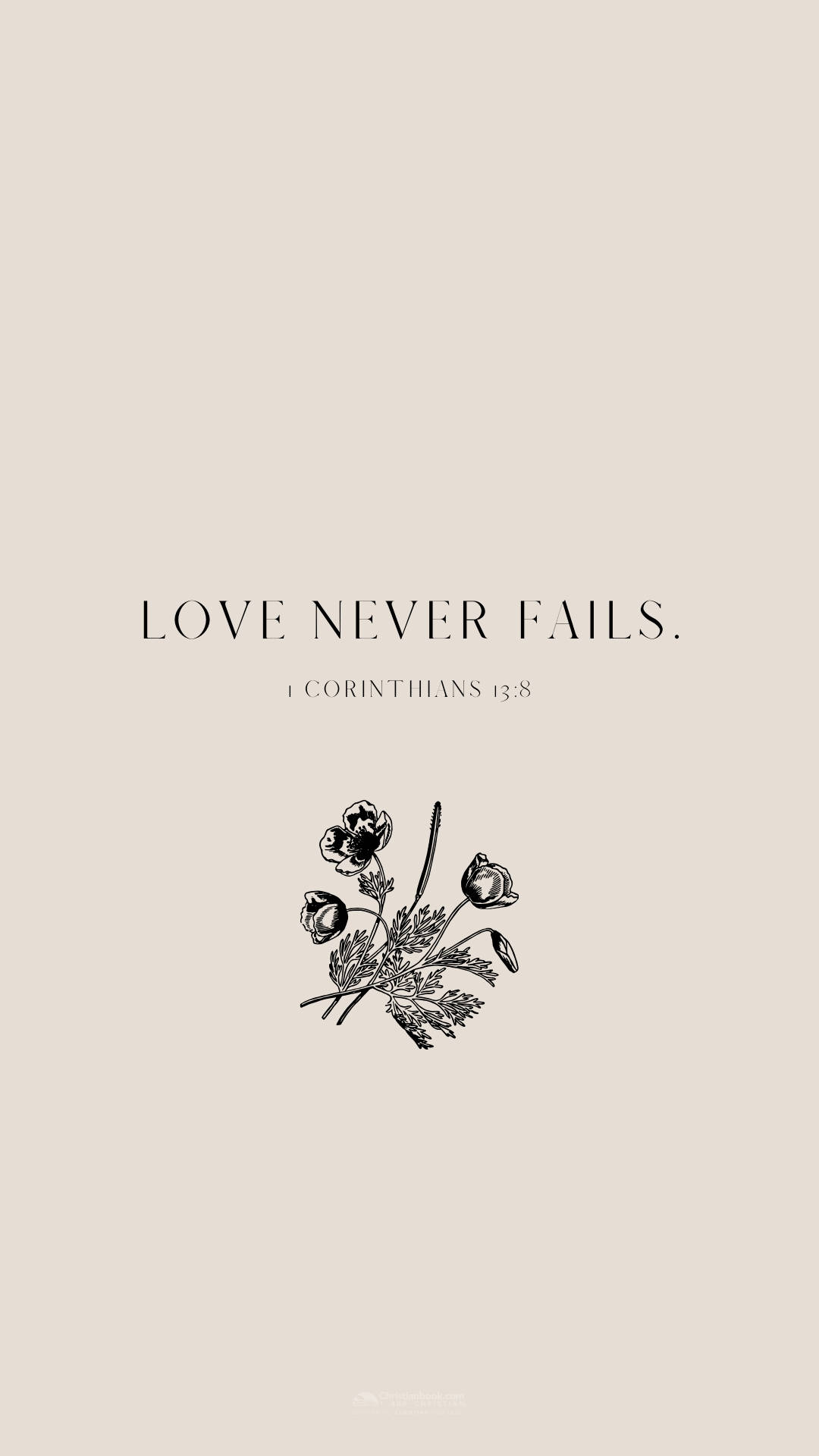 文字「LOVE NEVER FAILS」下方有小型花卉設計，位於米色背景上。 — 美學語錄動圖 壁紙