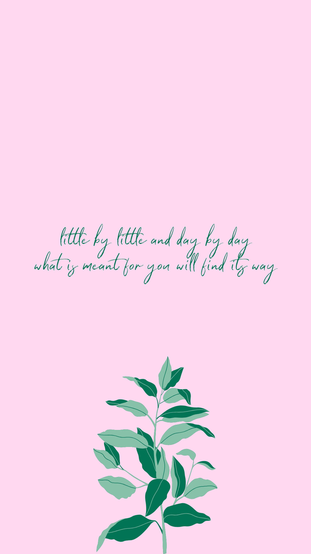 Motivational Quotes 桌布 壁紙 — 簡約粉紅色壁紙，底部有藍綠色草書文字和綠色葉子植物。