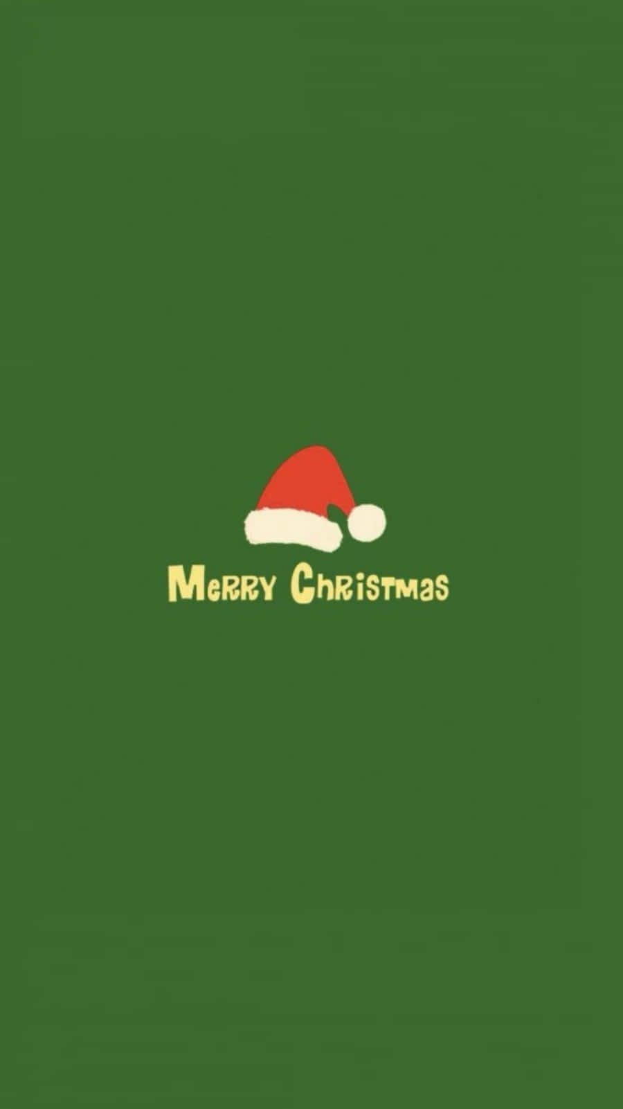 Santa Claus 桌布 壁紙 — 簡約綠色桌布，配有紅色聖誕帽和黃色「聖誕快樂」文字。