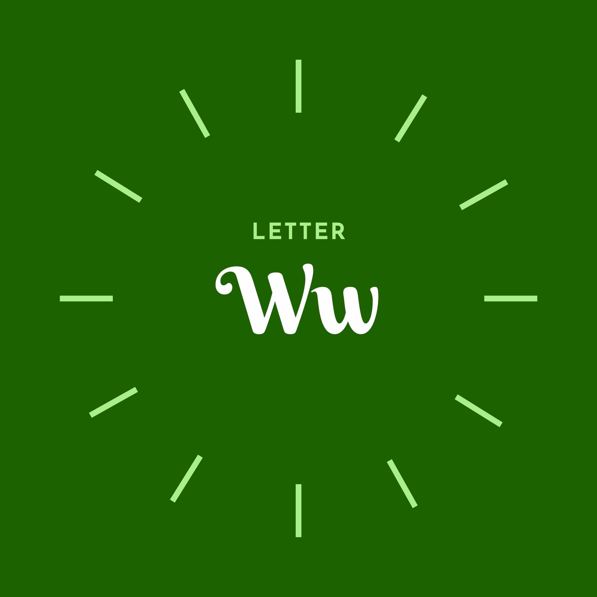 W 桌布 壁紙 — 簡約綠色背景，白色草書字母 Wu，周圍有淺綠色小時標記。