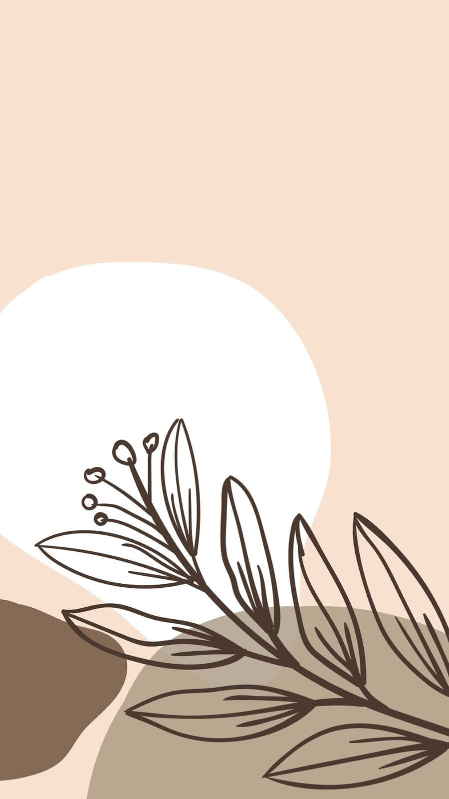 美學 桌布 壁紙 — 簡約線條畫，描繪帶有嫩芽的樹枝，背景為柔和米色和白色抽象形狀。