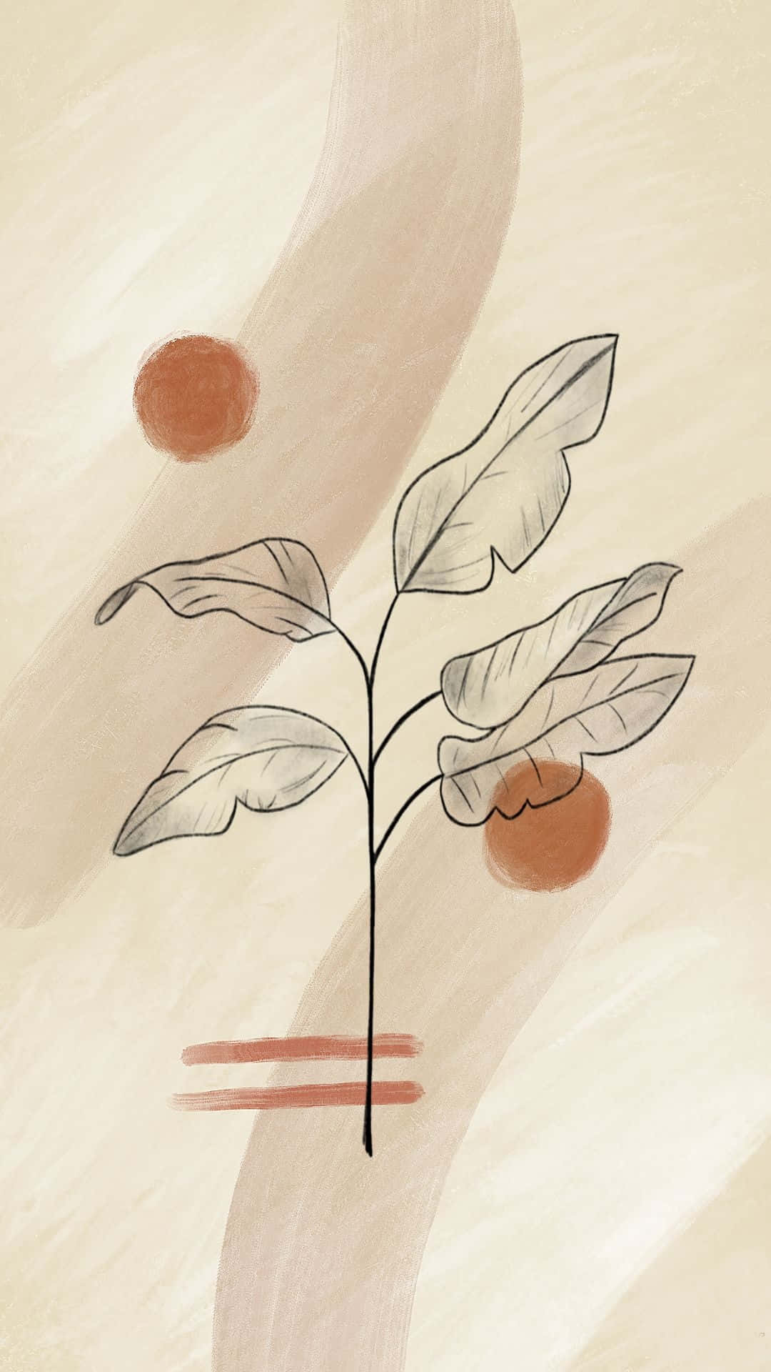 Painting 桌布 壁紙 — 簡約線條畫，描繪帶有葉子和橙色球體的植物，背景為柔和米色抽象圖案。