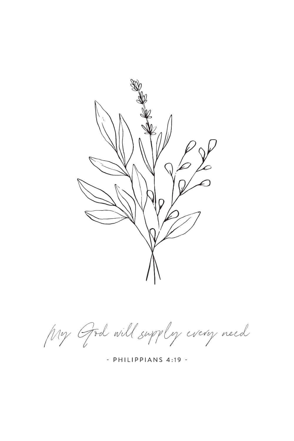 Minimalist Bible 桌布 壁紙 — 簡約線條繪畫，描繪精緻花卉佈置，下方有經文文字，背景為純白色。