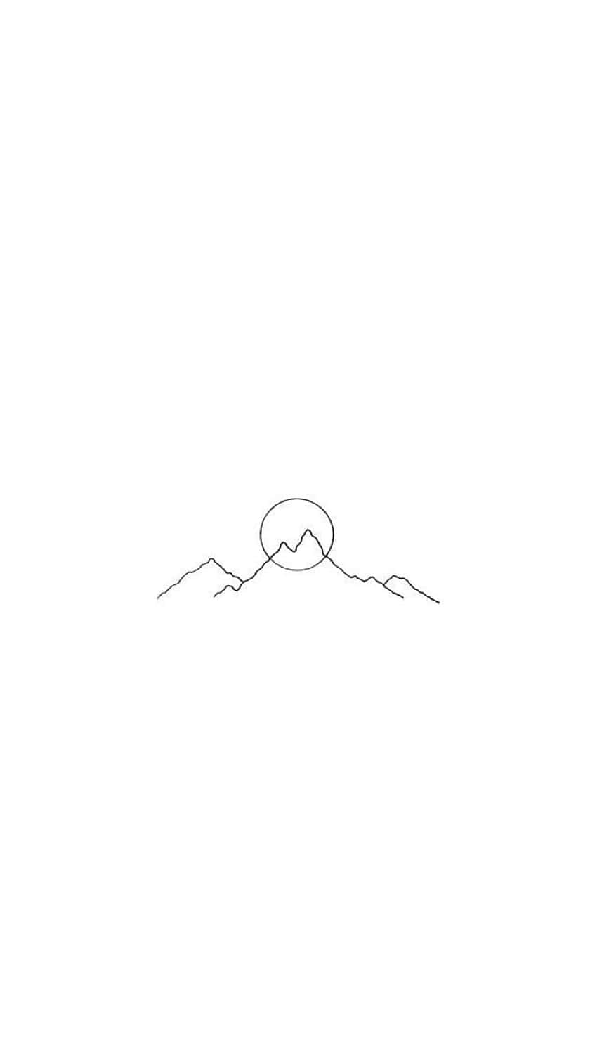 Tumblr White 桌布 壁紙 — 簡約線條繪畫的山脈，太陽或月亮位於山峰之間，純白背景。