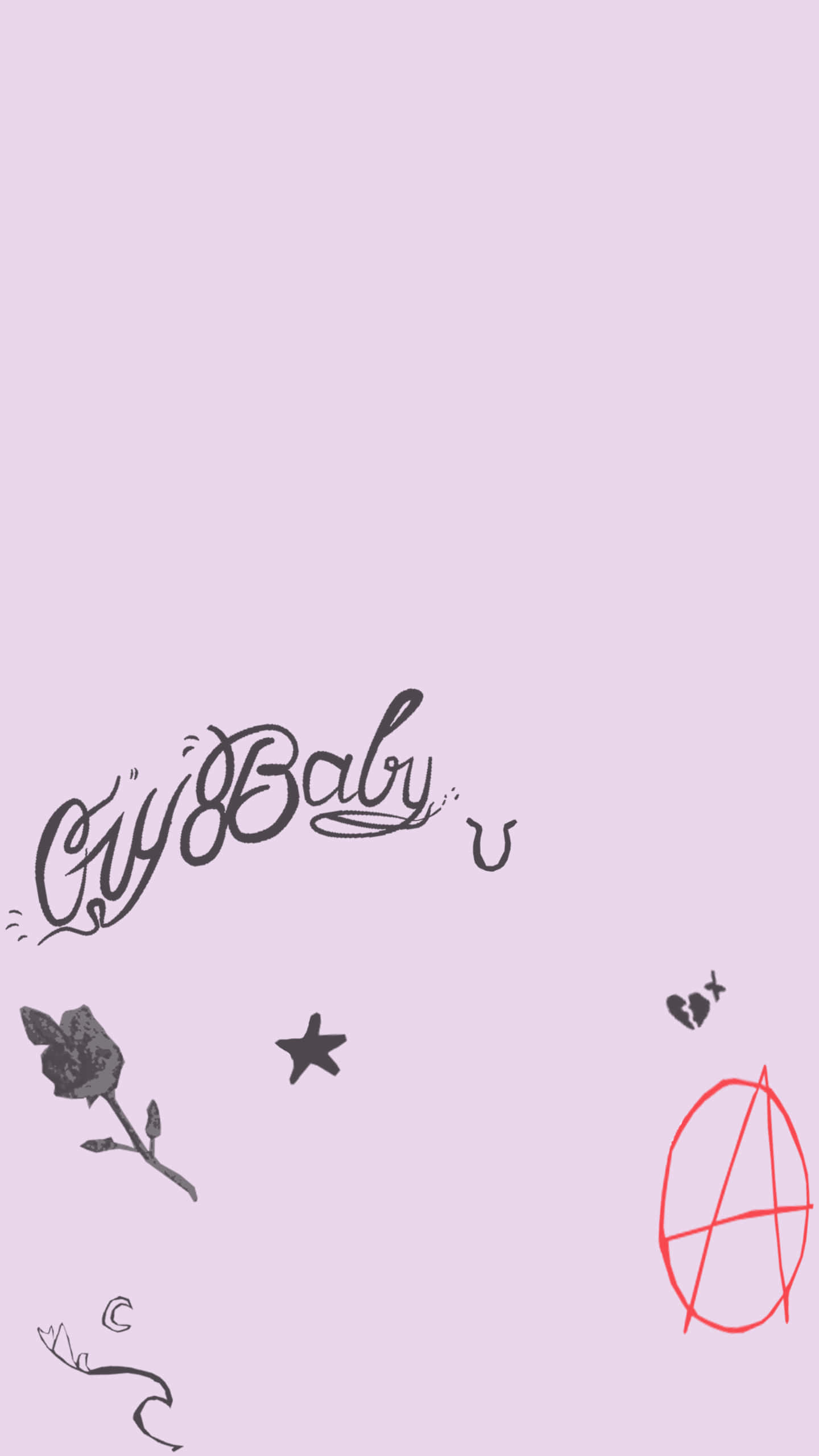 lil peep 動態圖 桌布 壁紙 — 簡約薰衣草壁紙，帶有「Cry Baby」字體、玫瑰、星星、破碎的心和紅色無政府主義符號。