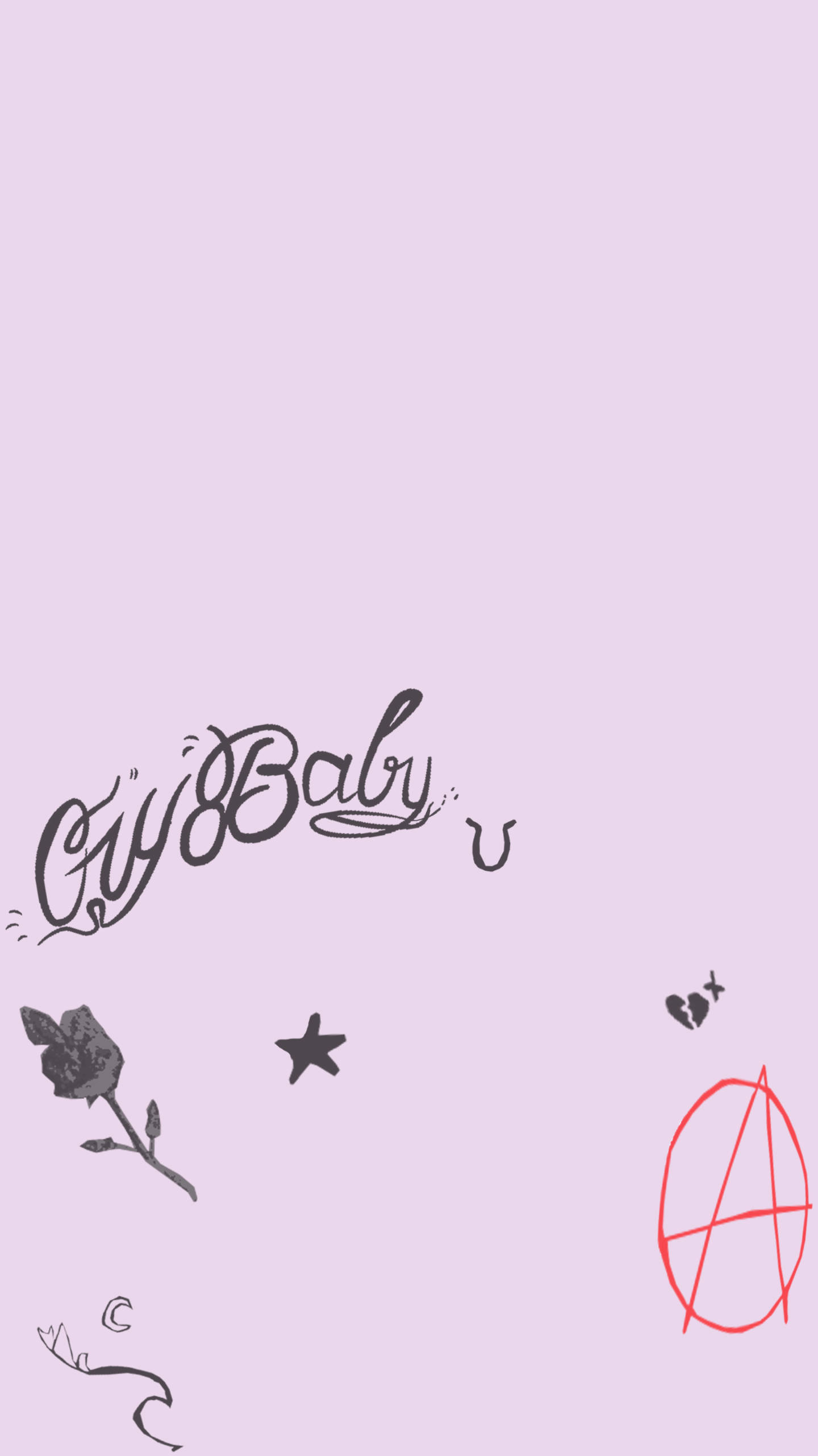 Peep 桌布 壁紙 — 簡約薰衣草桌布，帶有「Cry Baby」字樣、玫瑰、星星、破碎的心和紅色無政府主義符號。