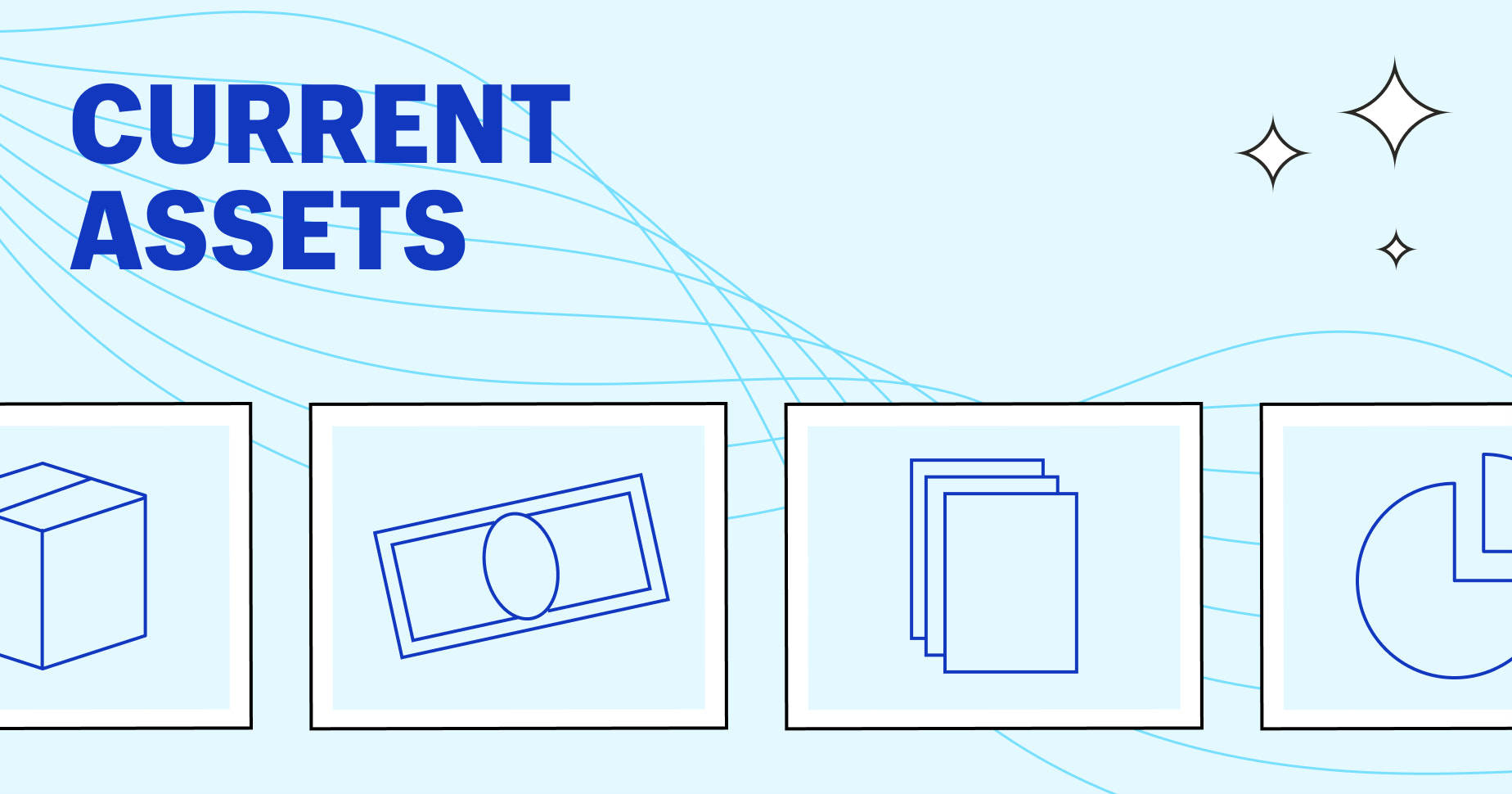 淺藍色 桌布 壁紙 — 簡約藍色線條圖示，用於流動資產，包括盒子、現金堆和圓餅圖，淺藍色背景帶閃爍效果。