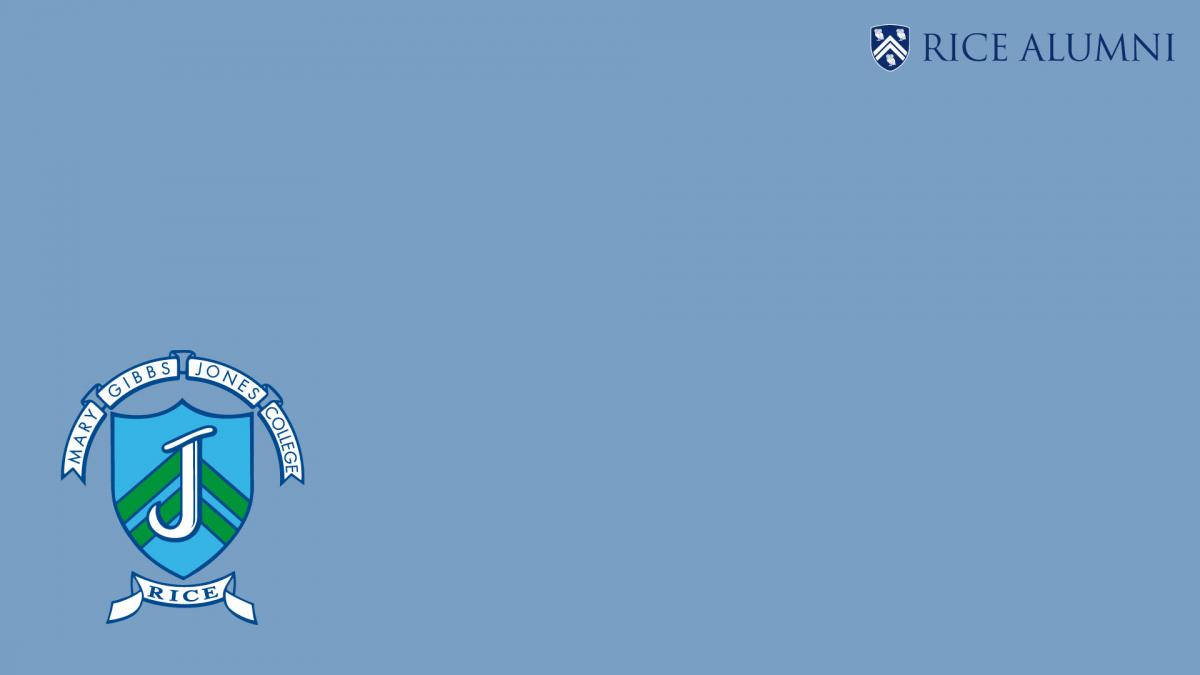 標誌 桌布 壁紙 — 簡約藍色背景，角落有 Mary Gibbs Jones College 徽章及 Rice Alumni 標誌。