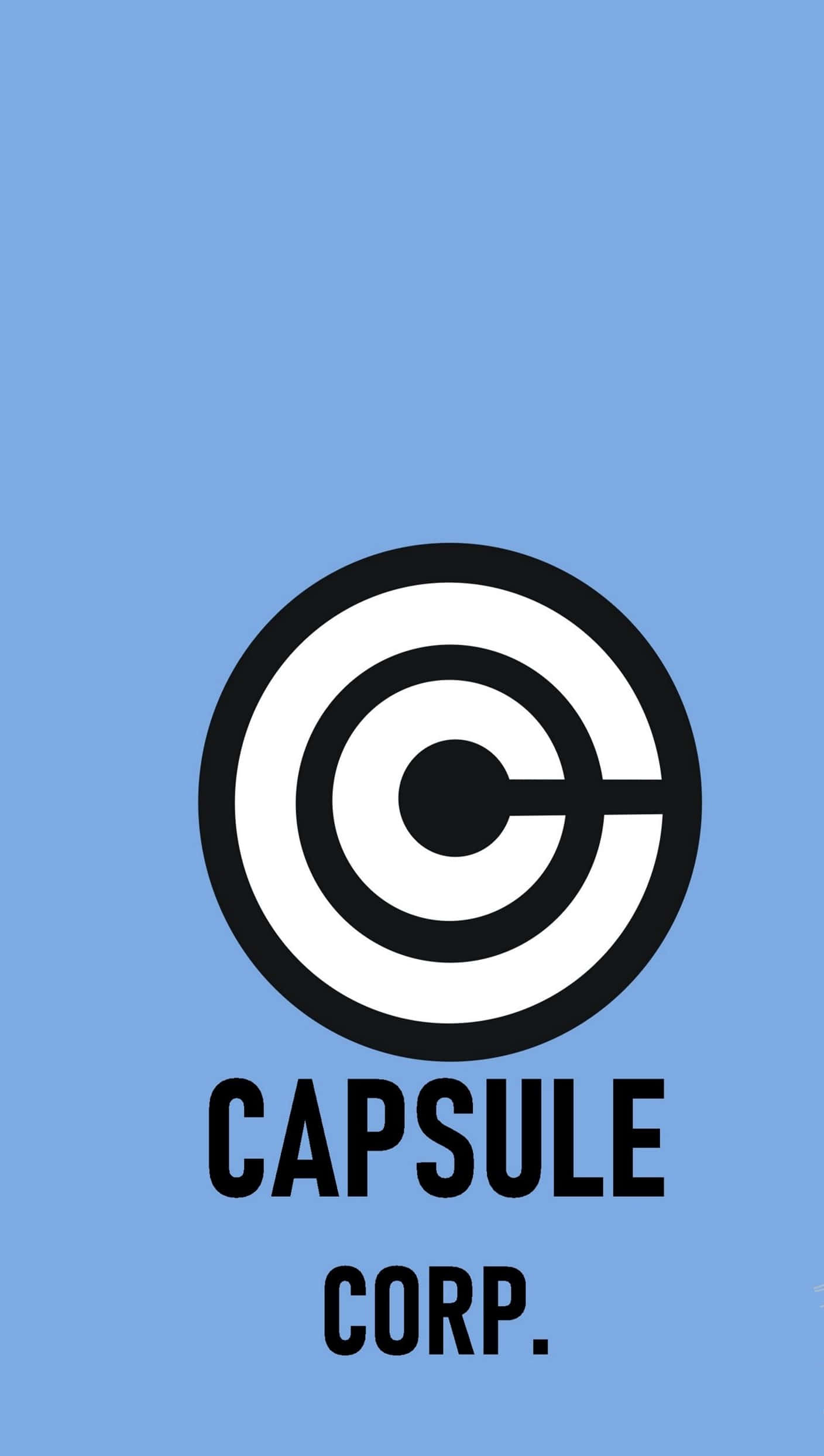Capsule Corp 桌布 壁紙 — 簡約藍色背景上，標誌性的Capsule Corp標誌以大膽的黑白同心圓和文字呈現。