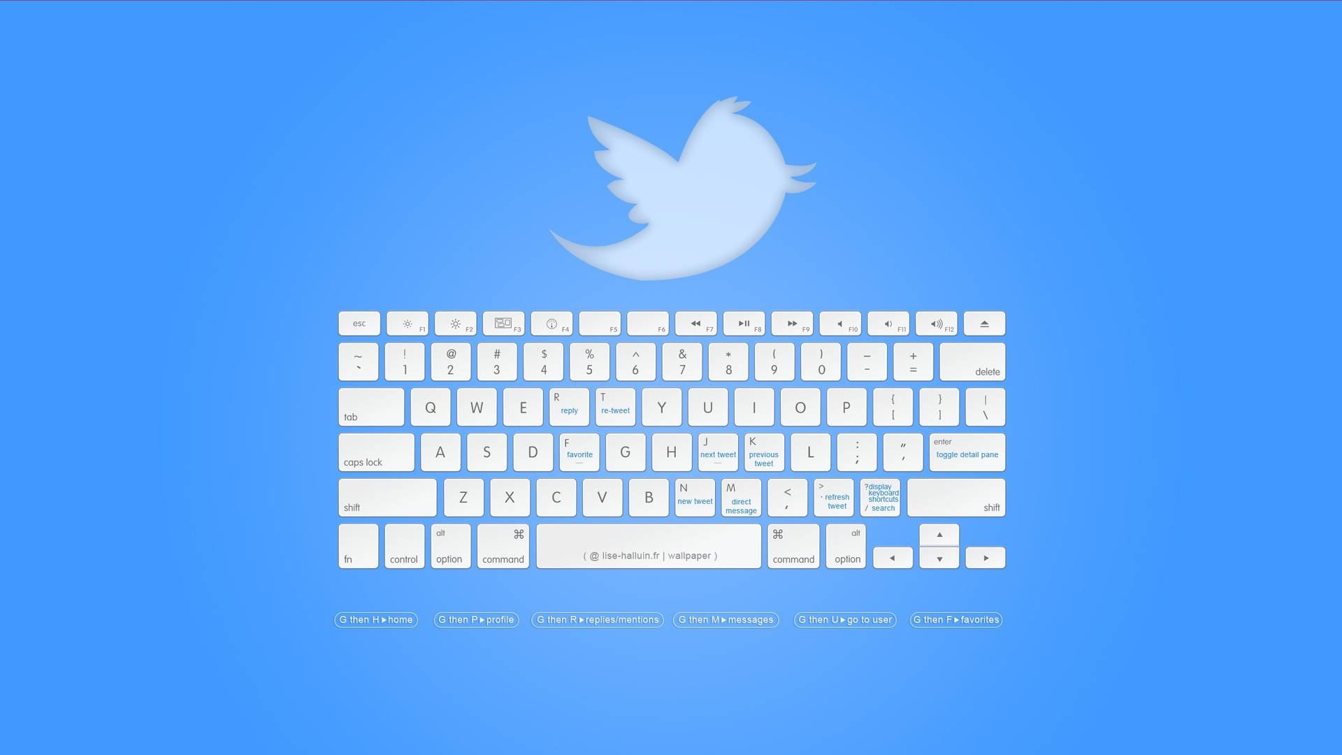 Twitter 桌布 壁紙 — 簡約藍色背景上，白色Twitter鳥標誌位於帶有標籤按鍵的白色鍵盤上方。