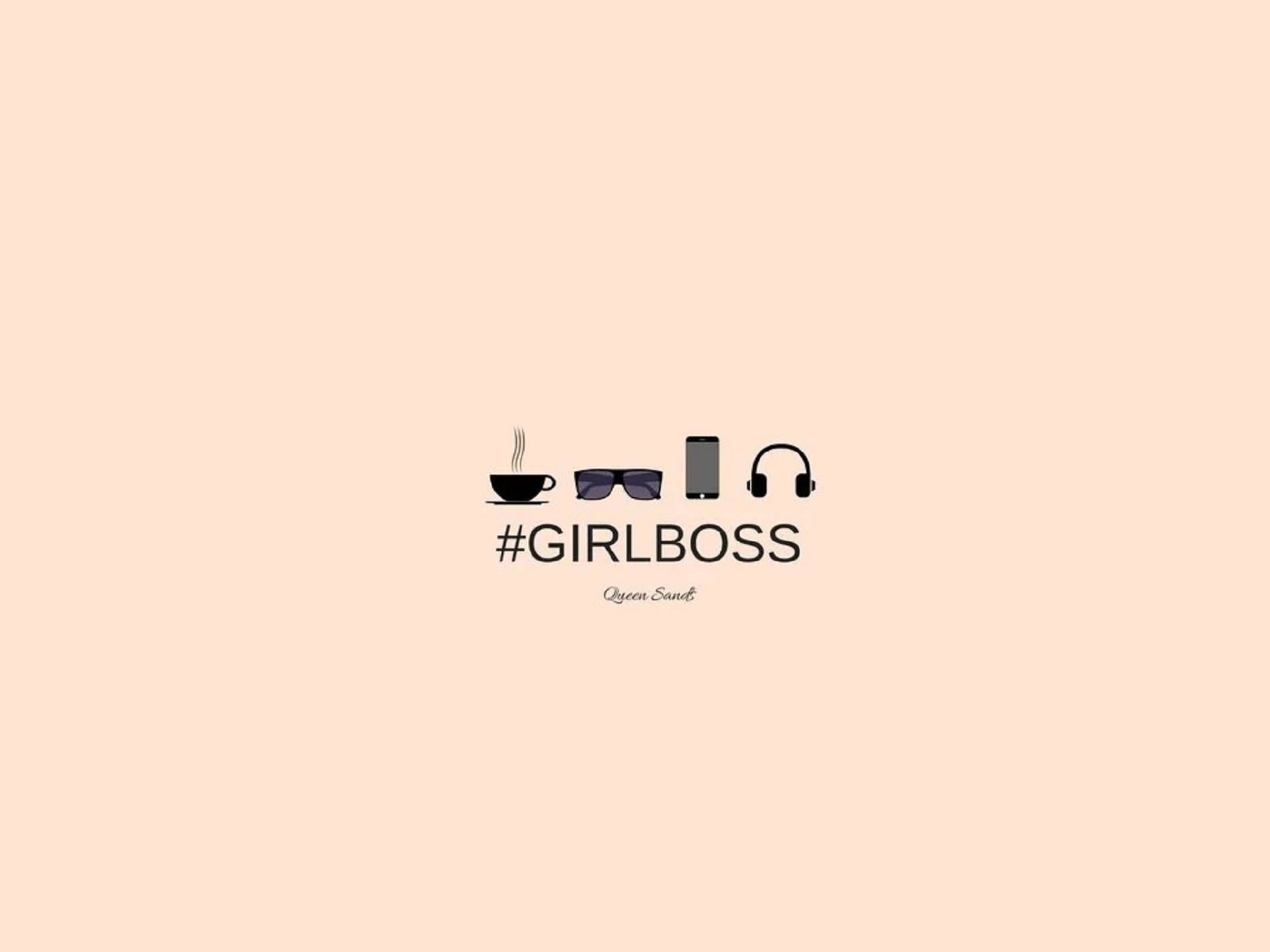 boss 桌布 壁紙 — 簡約蜜桃色背景，下方有 girlboss 文字，以及咖啡、電話、太陽眼鏡和耳機的黑色圖標。