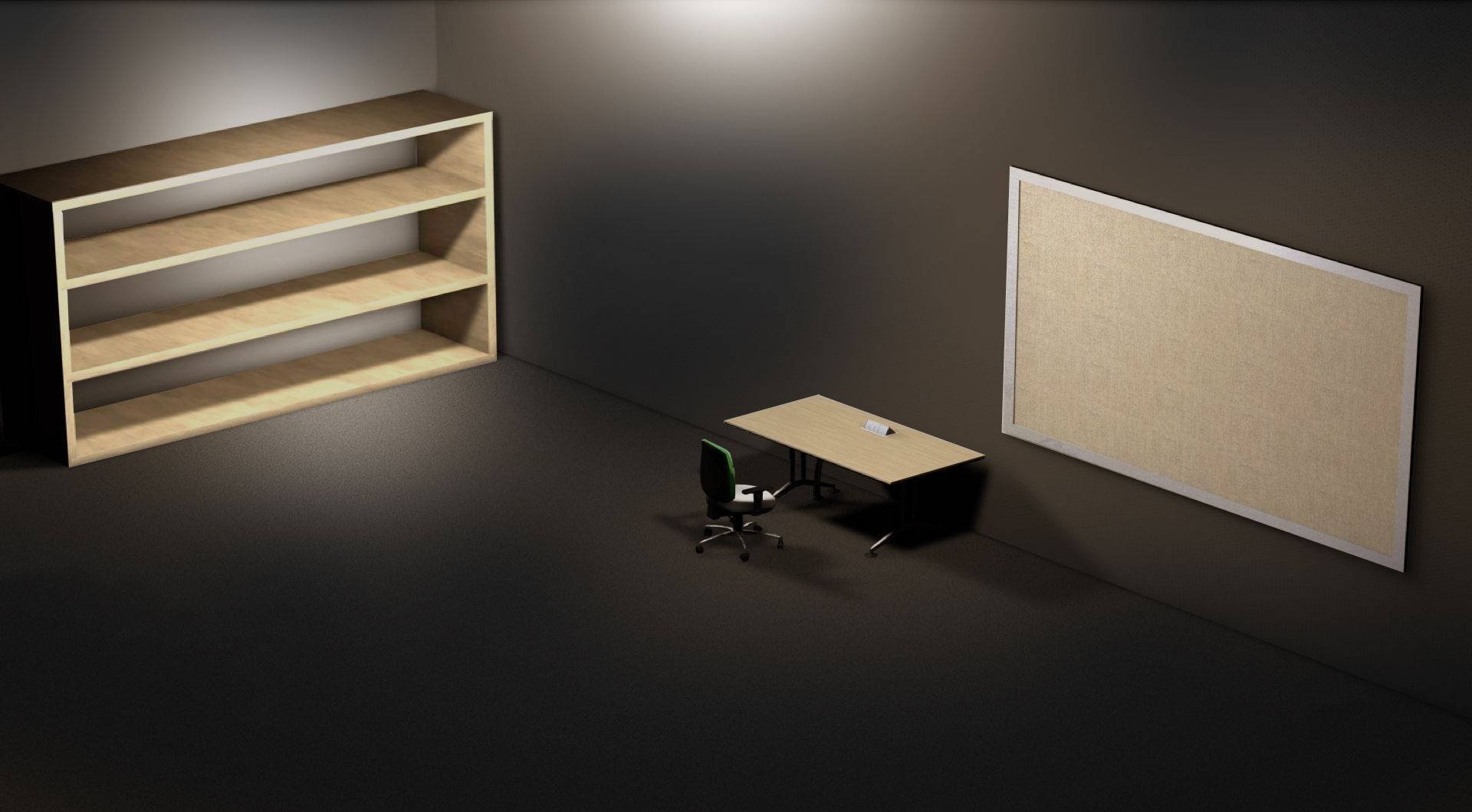 Desk 桌布 壁紙 — 簡約辦公室空間，在黑暗房間中，一張辦公椅、書架和軟木公告板處於聚焦聚光燈下。