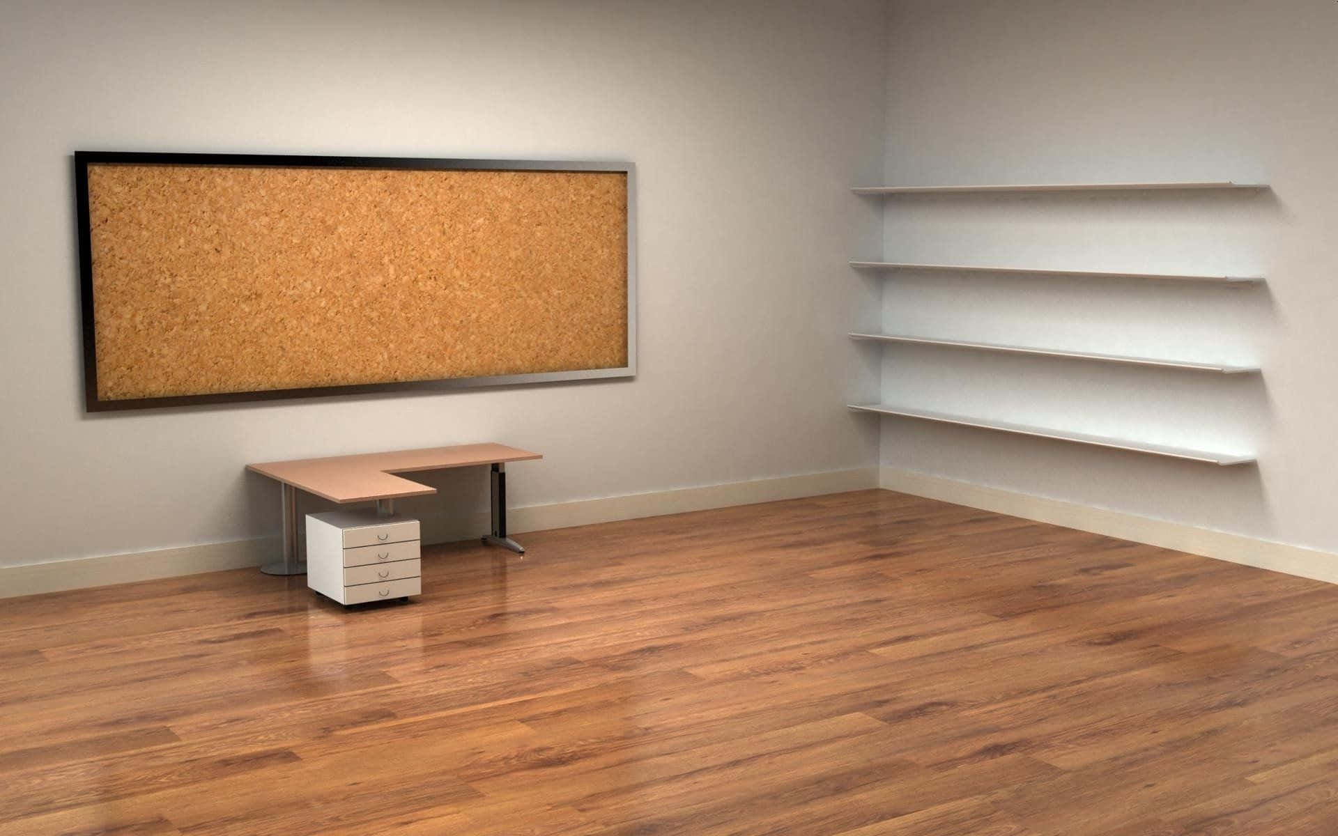 Desk 桌布 壁紙 — 簡約辦公室角落，木地板、書桌和軟木板，搭配米色牆壁和空的白色層架。