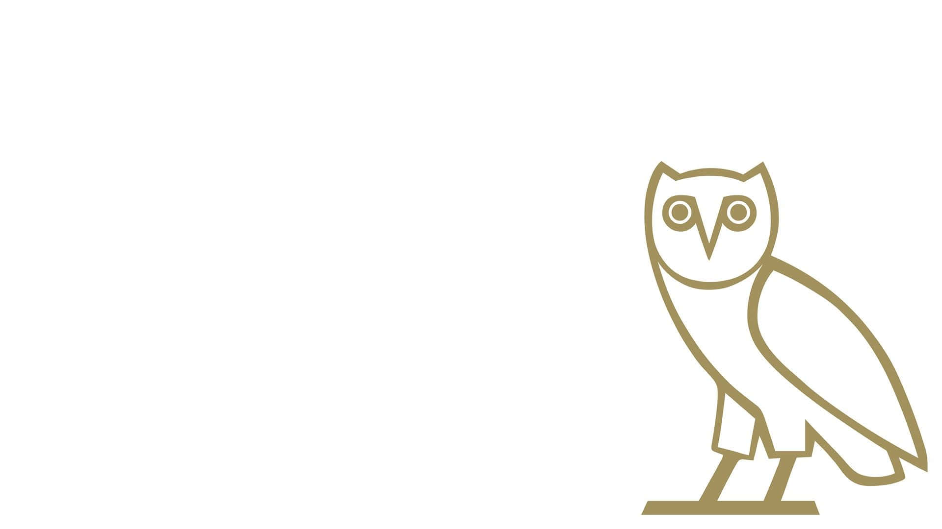 Drake Ovo Owl iPhone 桌布 壁紙 — 簡約金色線條藝術，貓頭鷹棲息在樹枝上，背景為純白色。