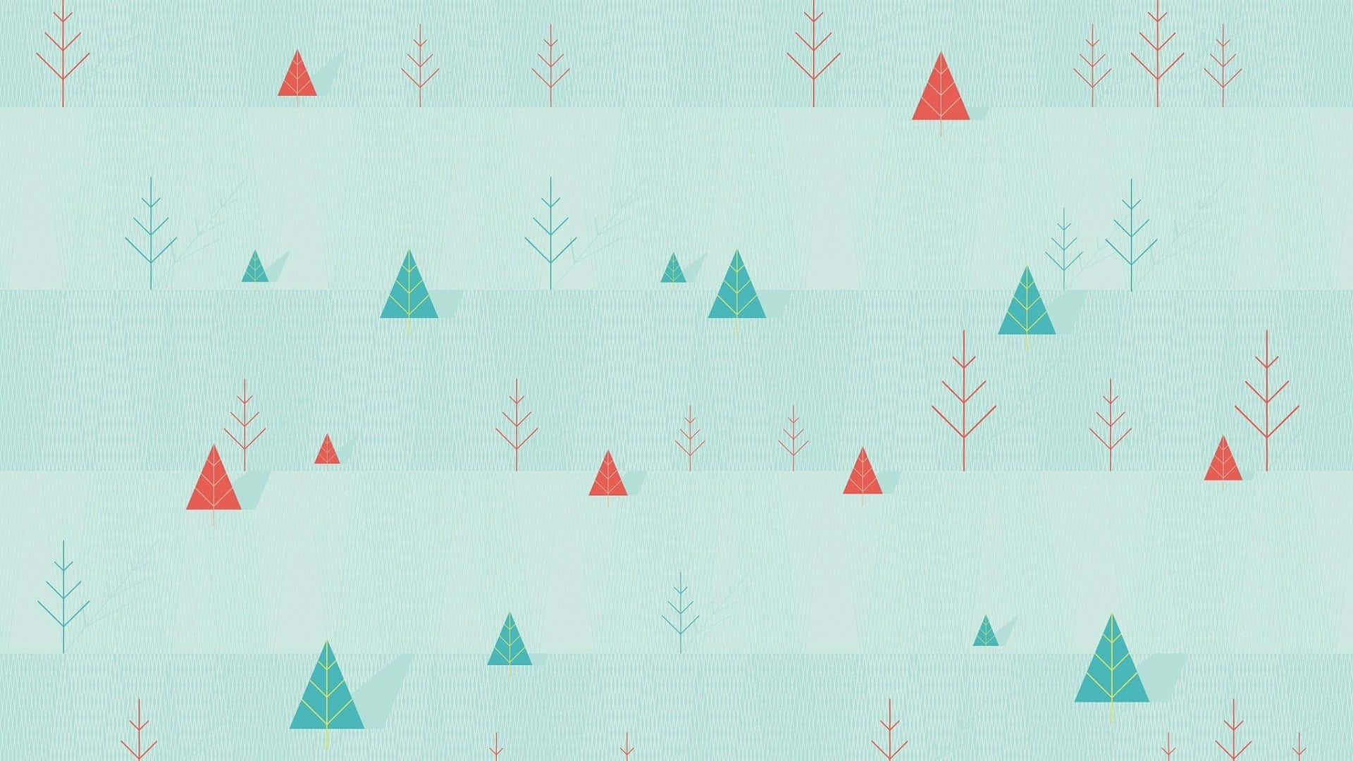 Minimalist Christmas Desktop 桌布 壁紙 — 簡約風格圖案，以層疊薄荷綠條紋為背景，點綴紅色和藍綠色風格化樹木，帶有細微紋理。