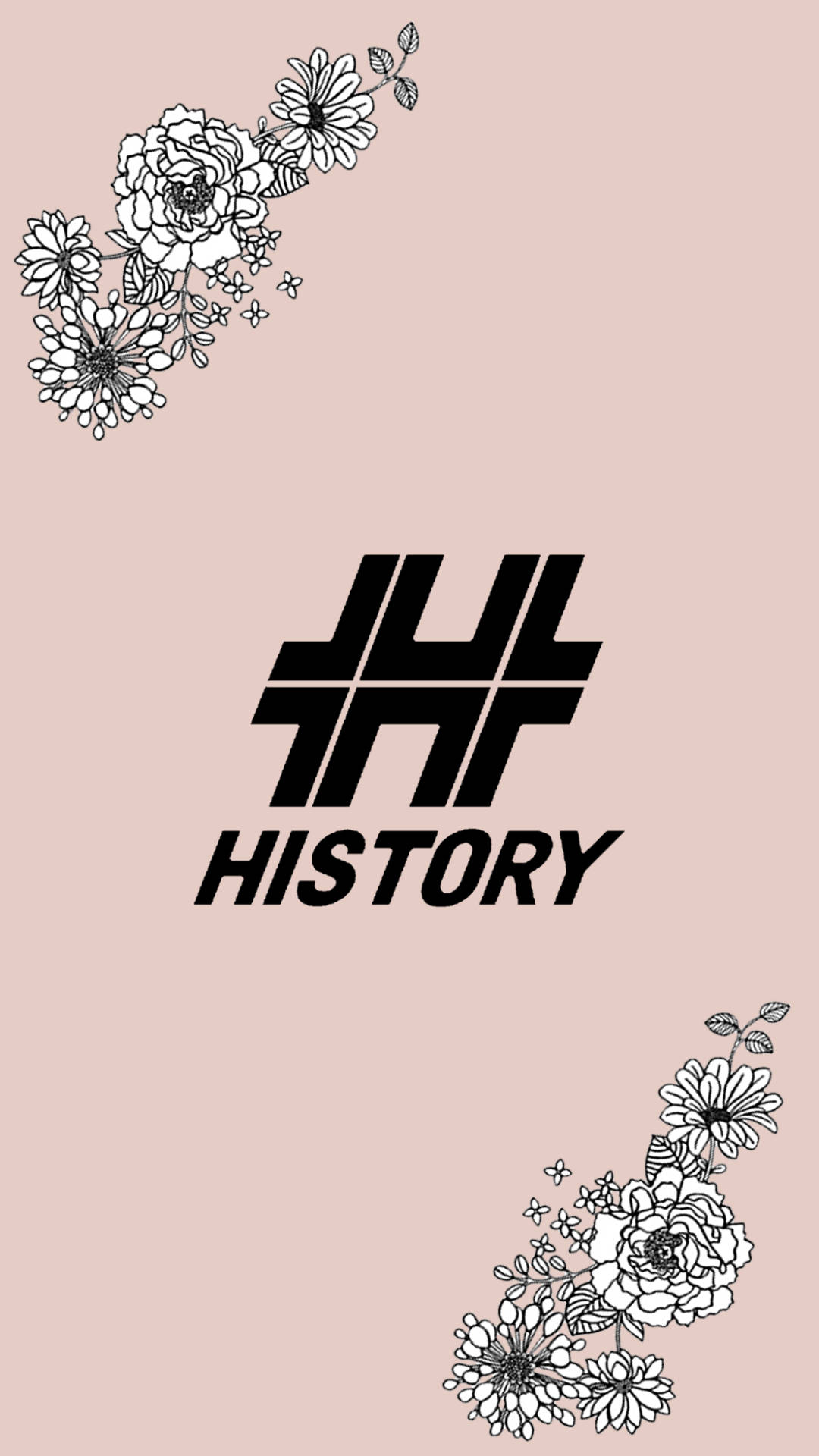K-pop 桌布 壁紙 — 簡約風格壁紙，黑色花卉線條藝術角落框住大膽的「JUL HISTORY」標誌，背景為柔和粉紅色。