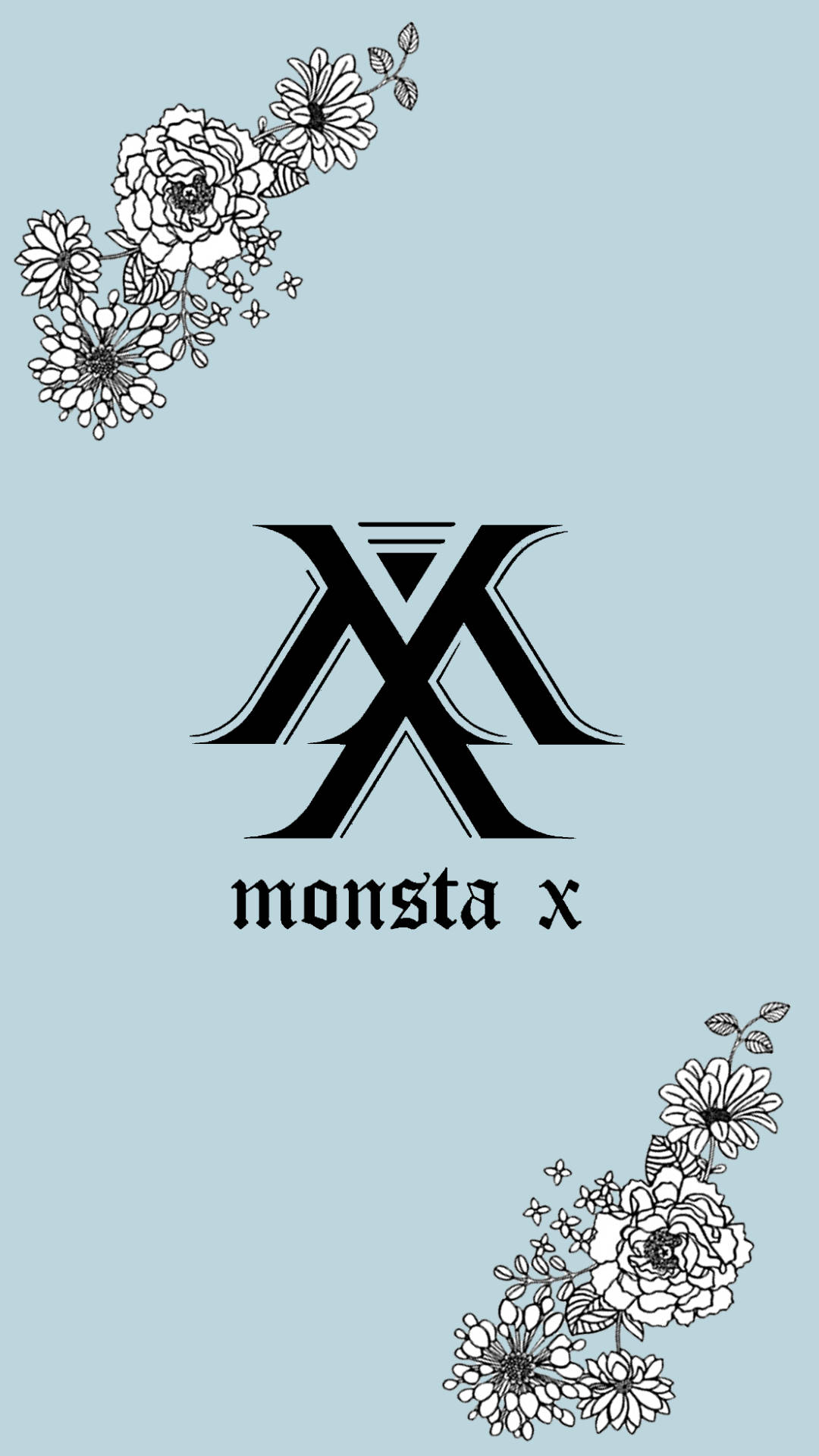 K-pop 桌布 壁紙 — 簡約風格桌布，中央有黑色風格化「M」標誌和「monsta x」文字，淺藍色背景，角落飾有精緻的黑白花卉插圖。