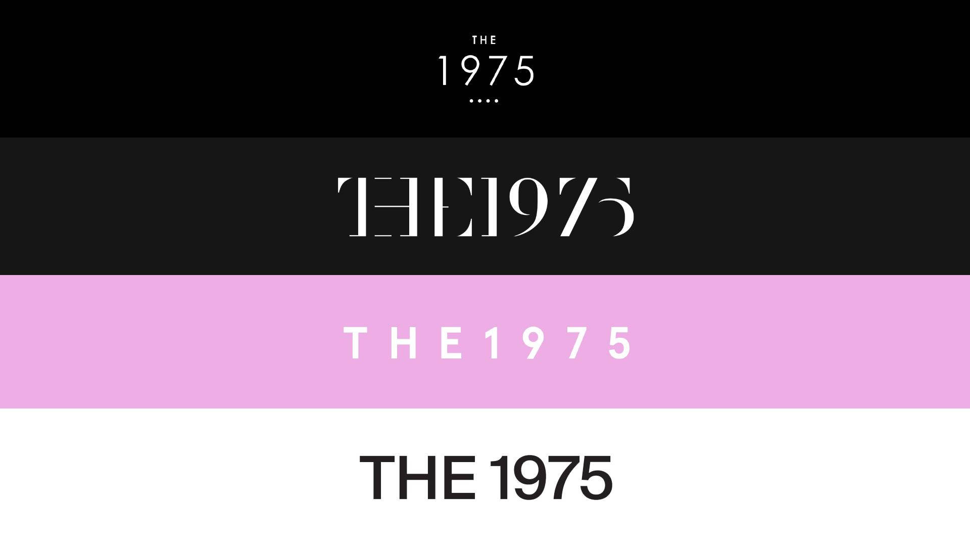 The 1975 桌布 壁紙 — 簡約風格桌布，在黑、粉紅和白色橫向色帶上以不同字體和大小呈現「THE 1975」文字。
