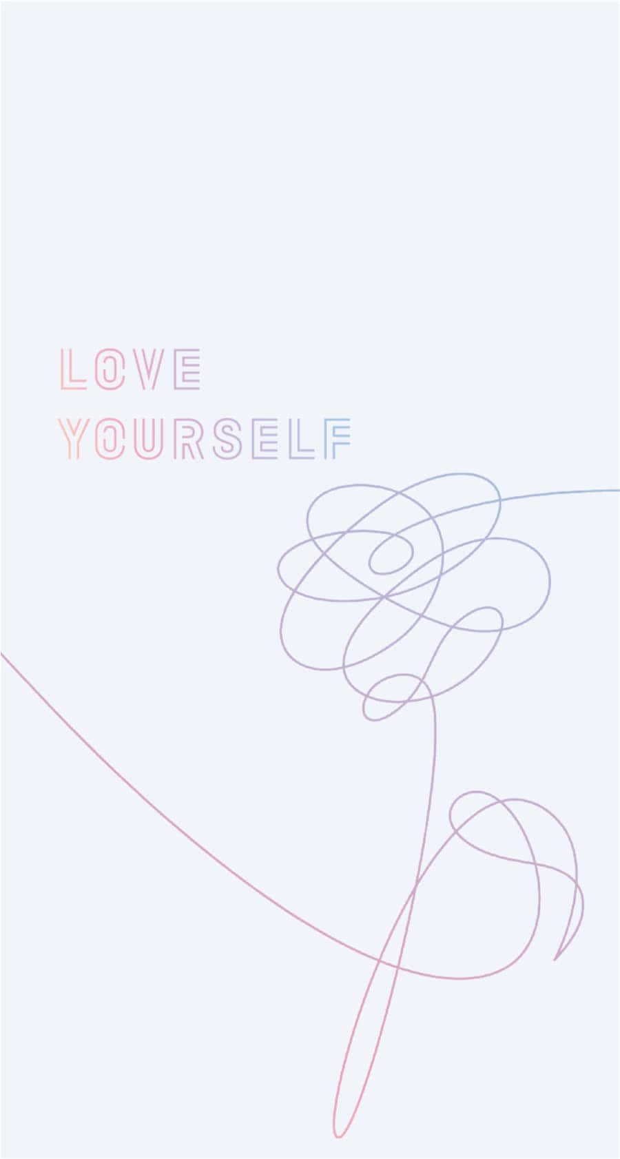 Bts Love Yourself 桌布 壁紙 — 簡約風格桌布，帶有「LOVE YOURSELF」文字和柔和粉彩色的抽象線條藝術，背景為淺色。
